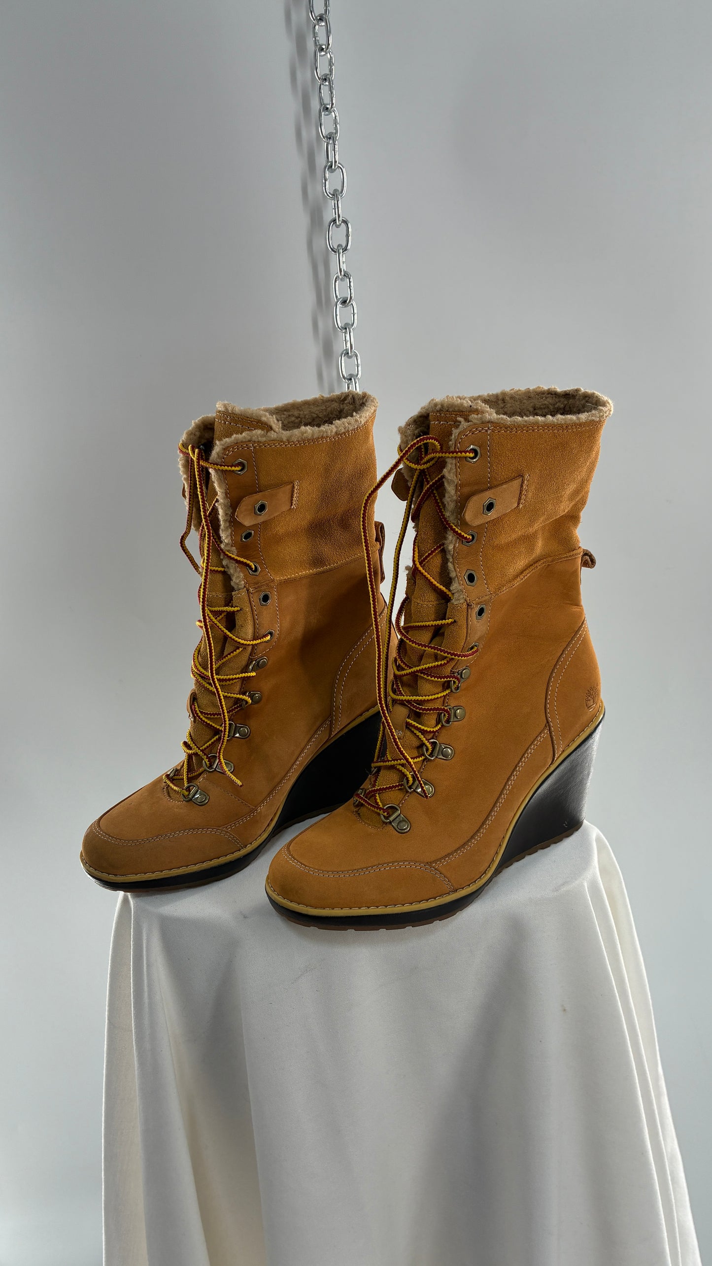 Vintage TIMBERLAND Wedge Boots Suede Leather Tie Up Heels (7.5)