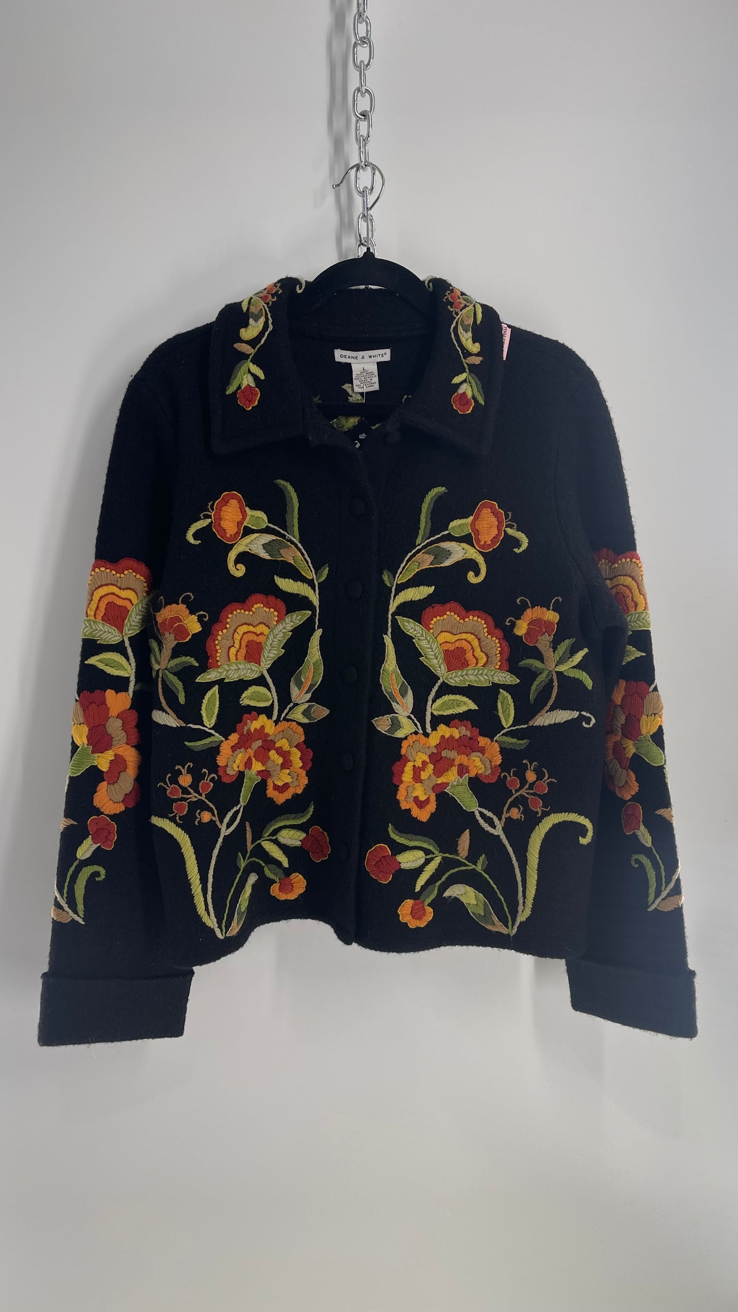 Deane & White Black 100% Wool Orange and Yellow Embroidered Flower Cardigan Jacket (Large)