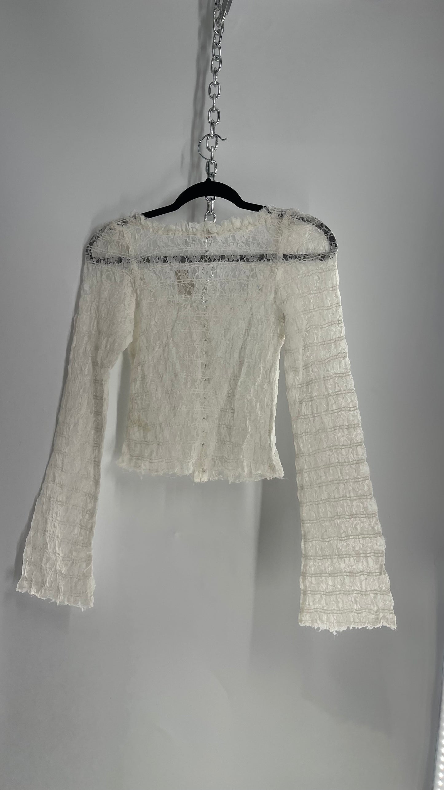 Free People White Smocked Lace Long Sleeve with Eyelet Closure (Large)