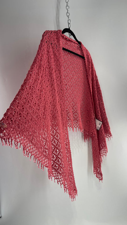 Vintage Hand Crochet Pink Shawl with Beaded Fringe Hem (One Size)