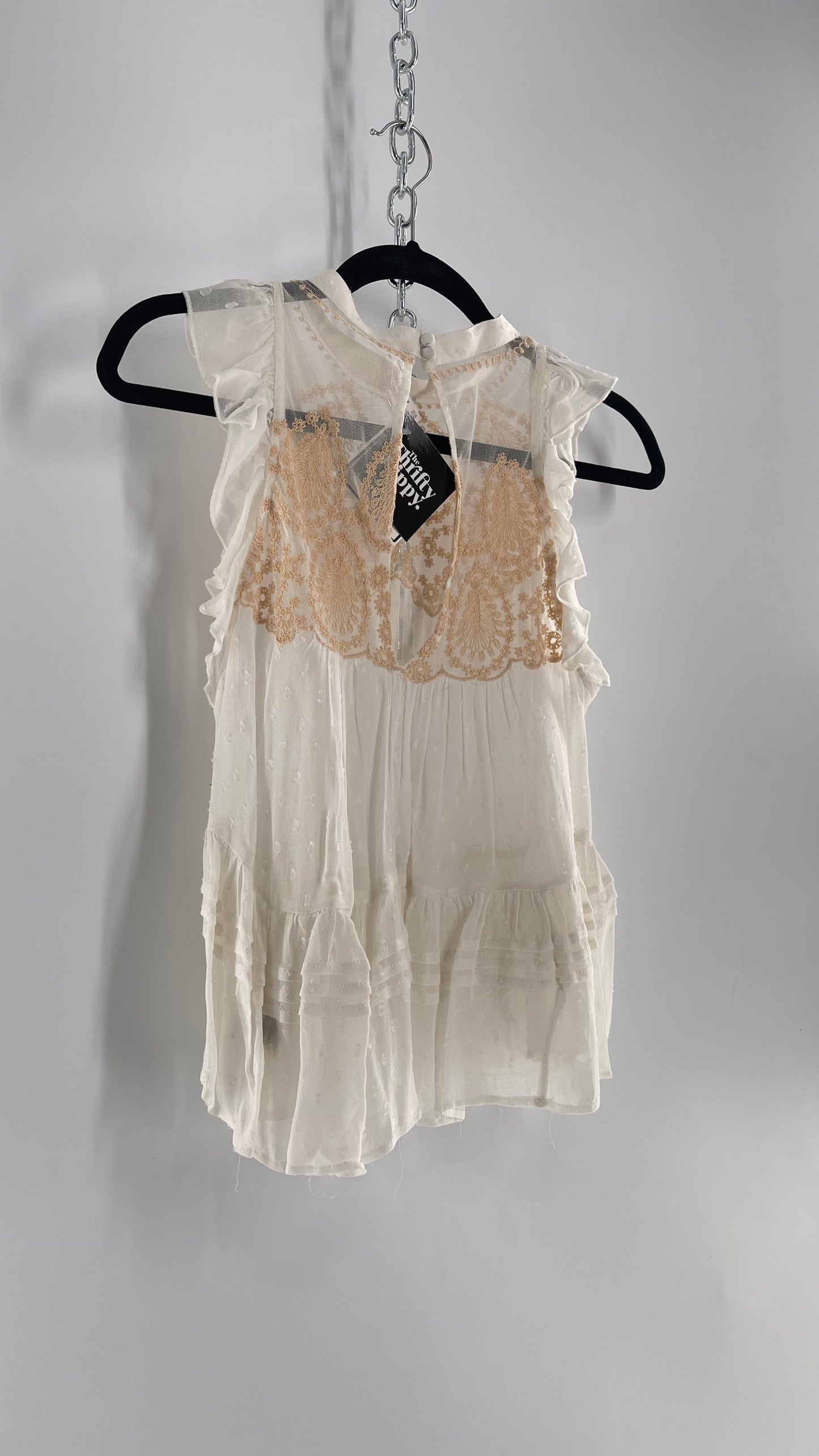 Free People Delicate,Romantic Feminine Sleeveless Blouse with Pleating, Embroidery and Keyhole Back (XS)