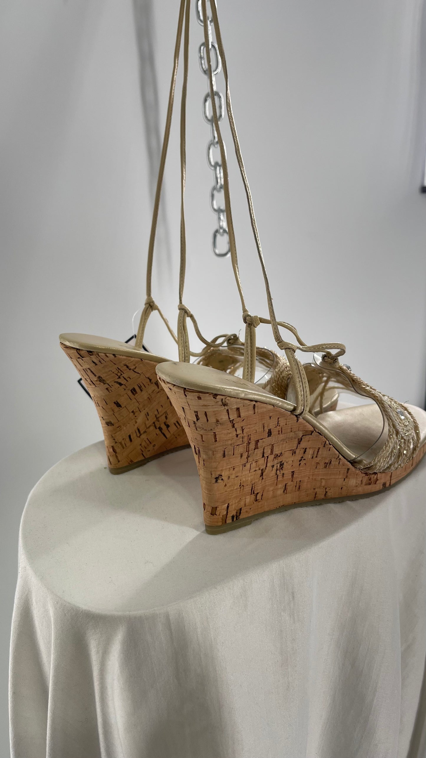 Vintage Bakers Cork Wedge Strappy Neutral Bedazzled Heel (8)