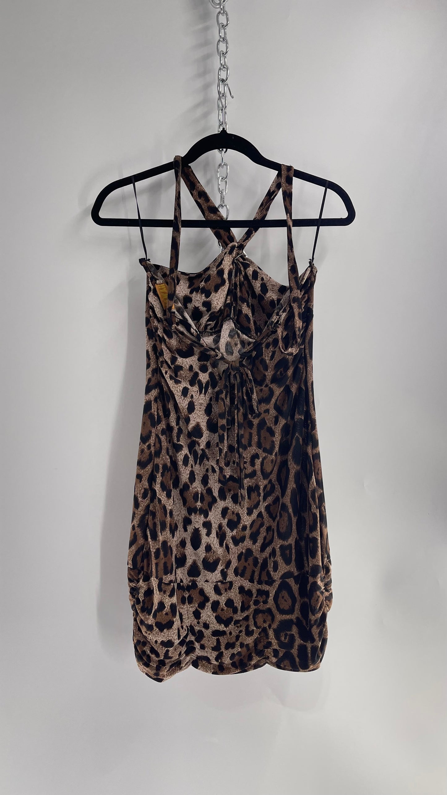 Vintage 1990s Hawaii Cheetah Print Bubble Hem Mini Dress with Rhinestone Broche (Medium)