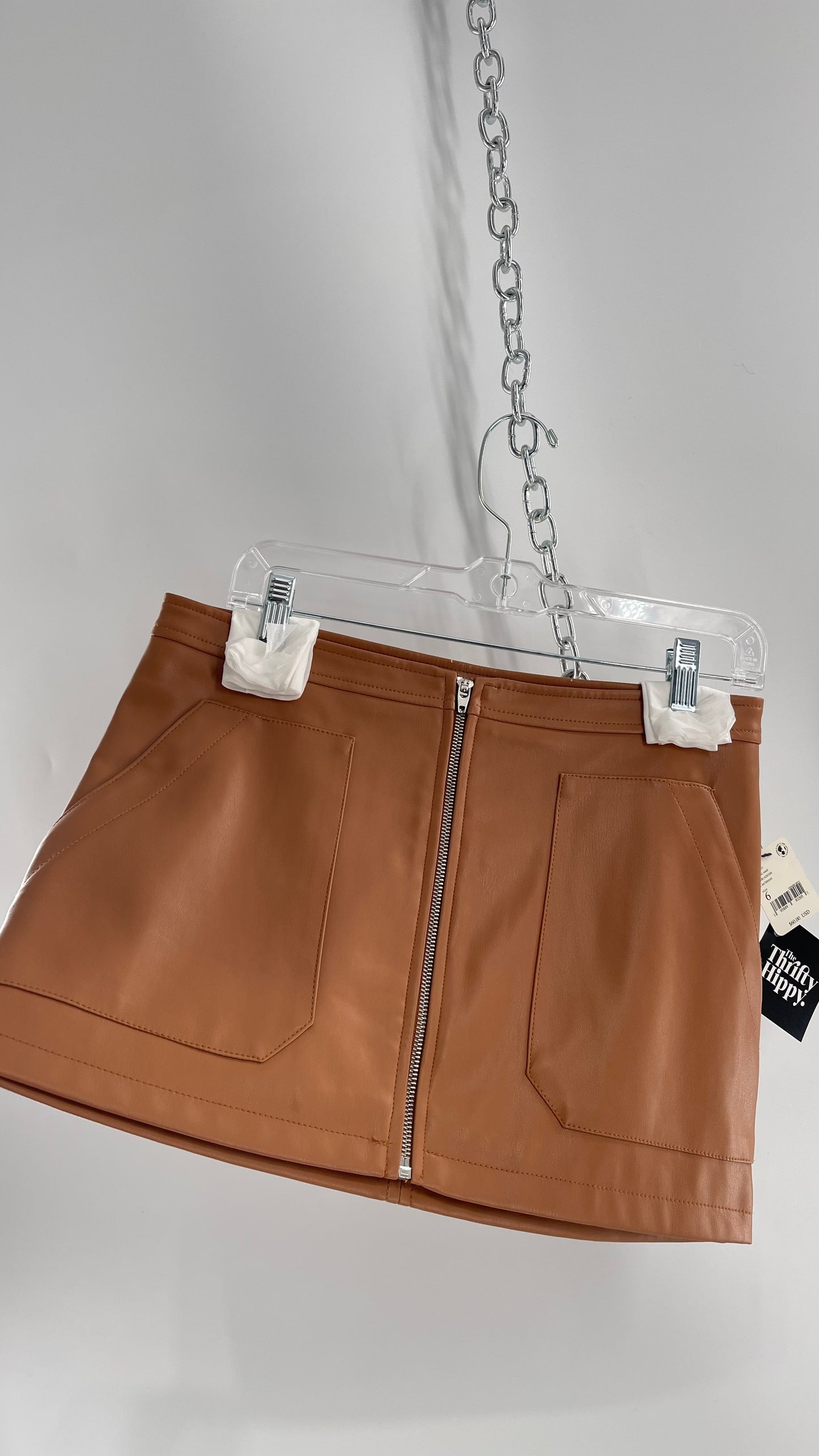 Free People Cognac Brown Vegan Leather Zip Front Skirt with Tags Attached (6)