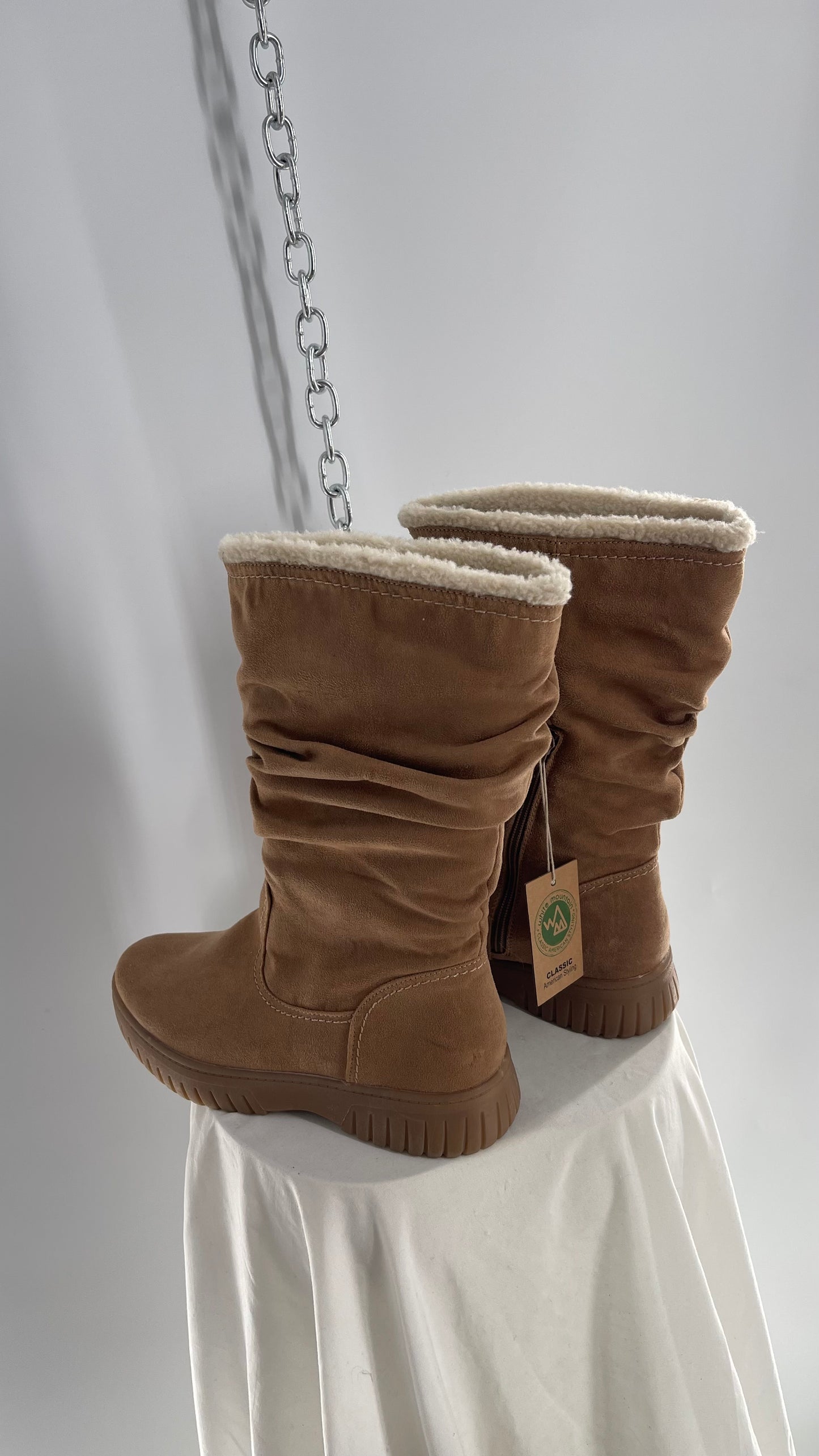 White Mountain Stacked/Ruched Brown Suede Leather Boots with Sherpa Lining and Tags Attached (8.5)