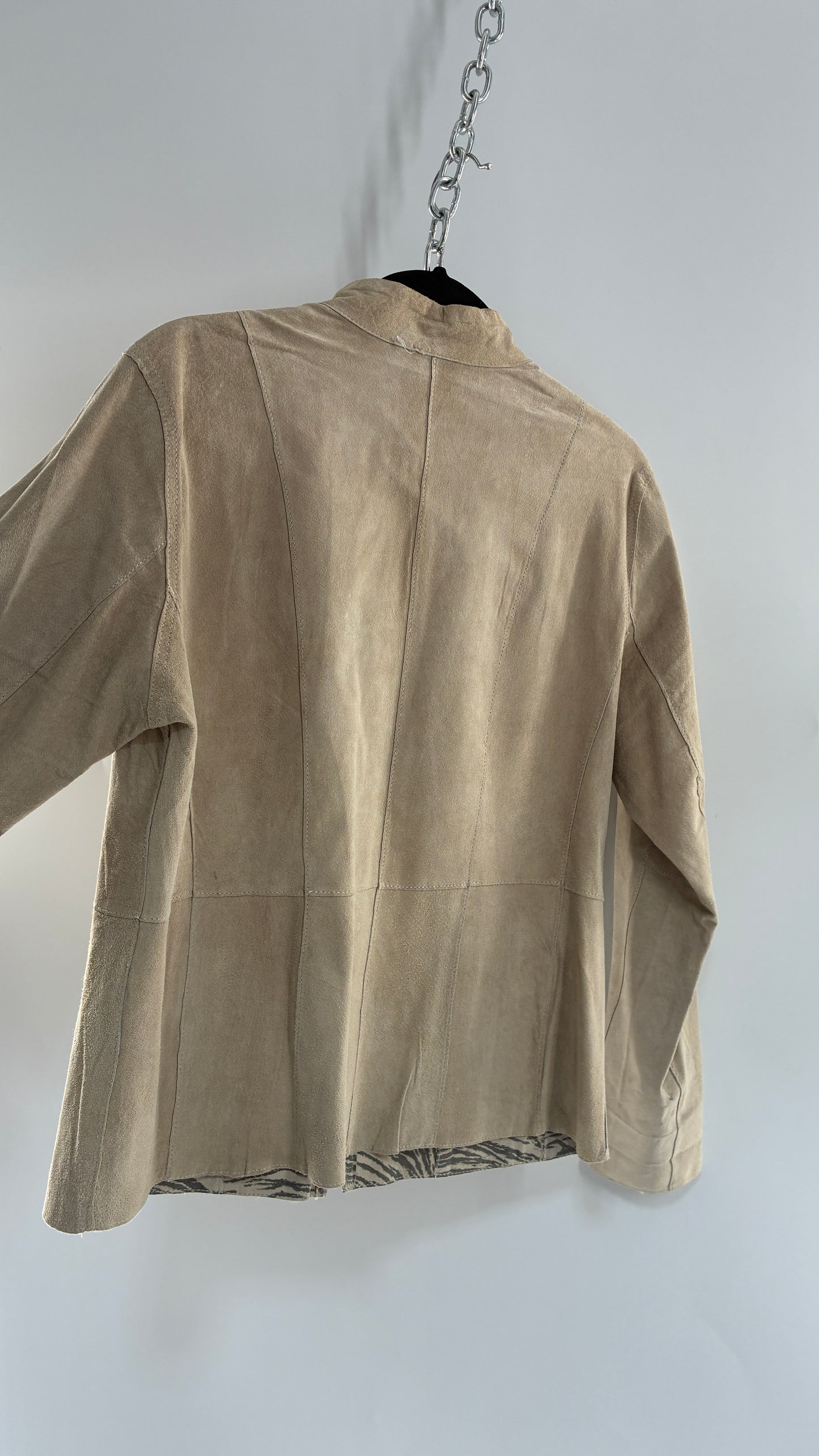 Vintage Reversible Thin Genuine Suede Leather Zip Up Jacket Beige/Zebra (Medium)