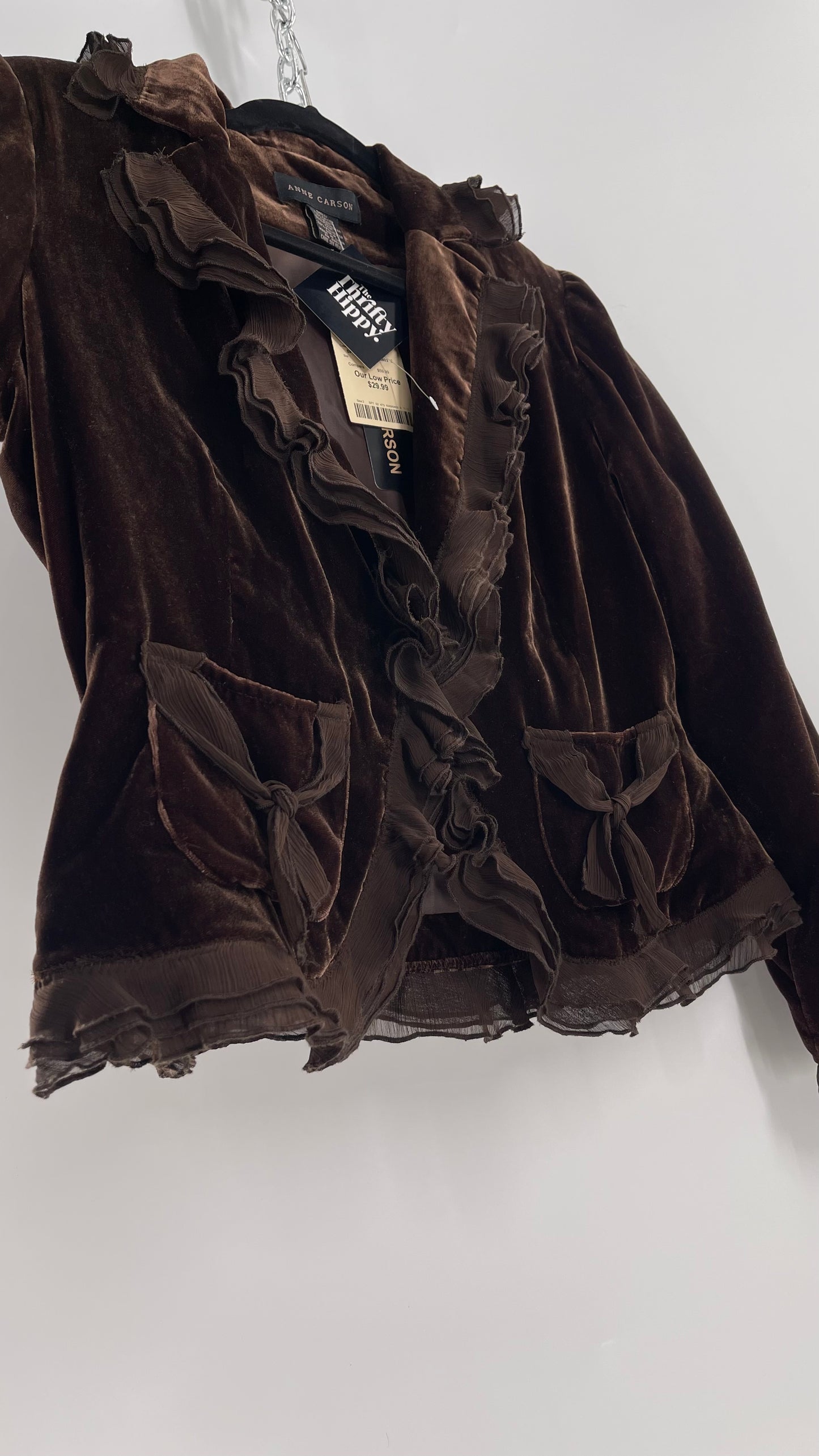 Deadstock Vintage Brown Velvet Anne Carson Blazer with Delicate Crepe Ruffled Hem and Bow Pockets (Medium)