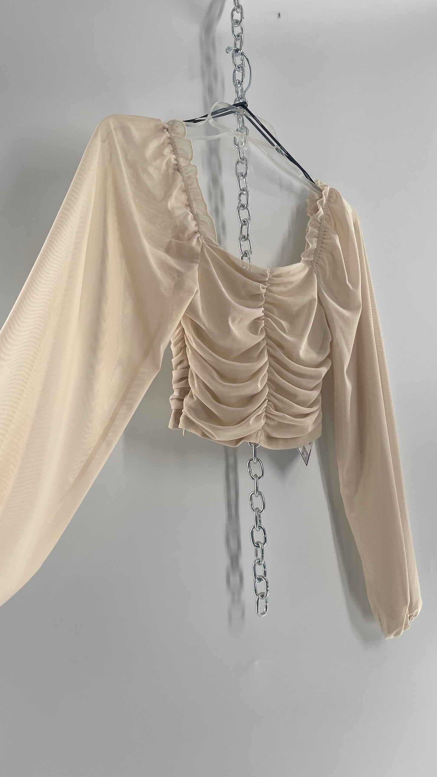 Beige Ruched Corseted Balloon Sleeve Blouse (Small)