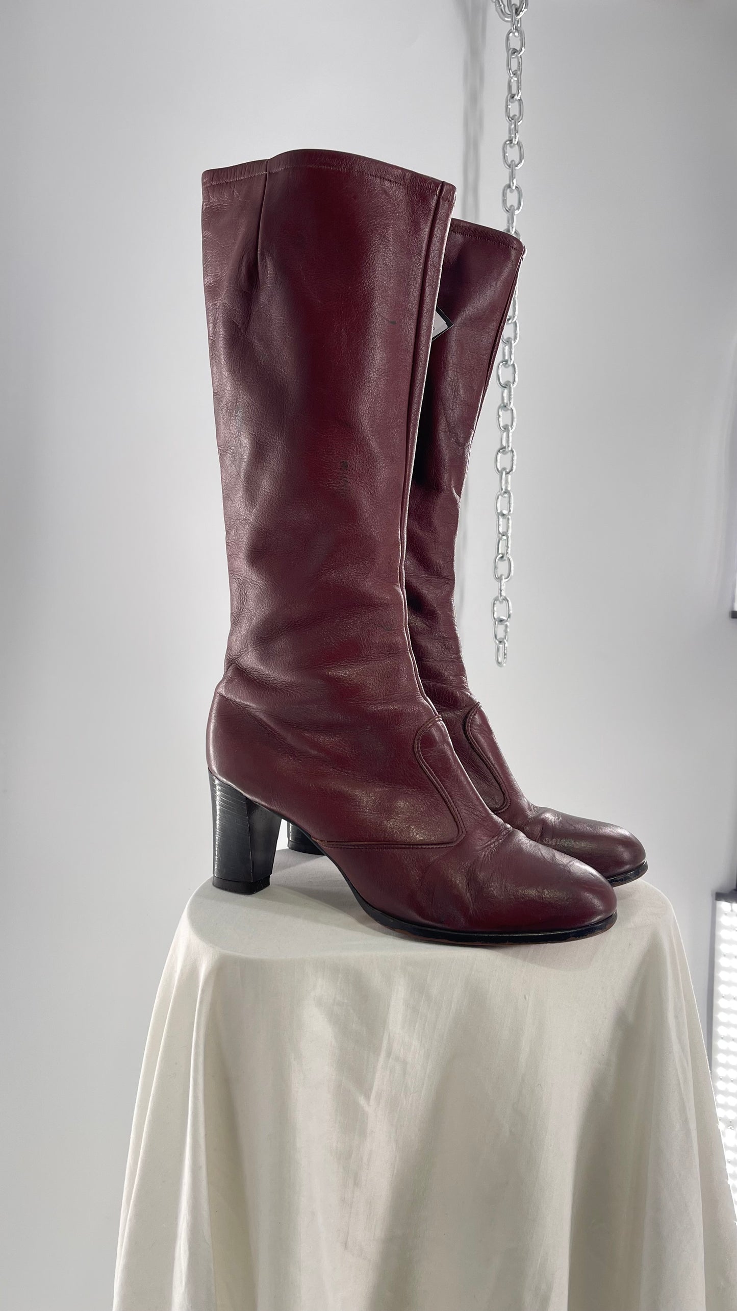 Vintage Cherry Cola Red Knee High Leather Boot with Heel (8.5)