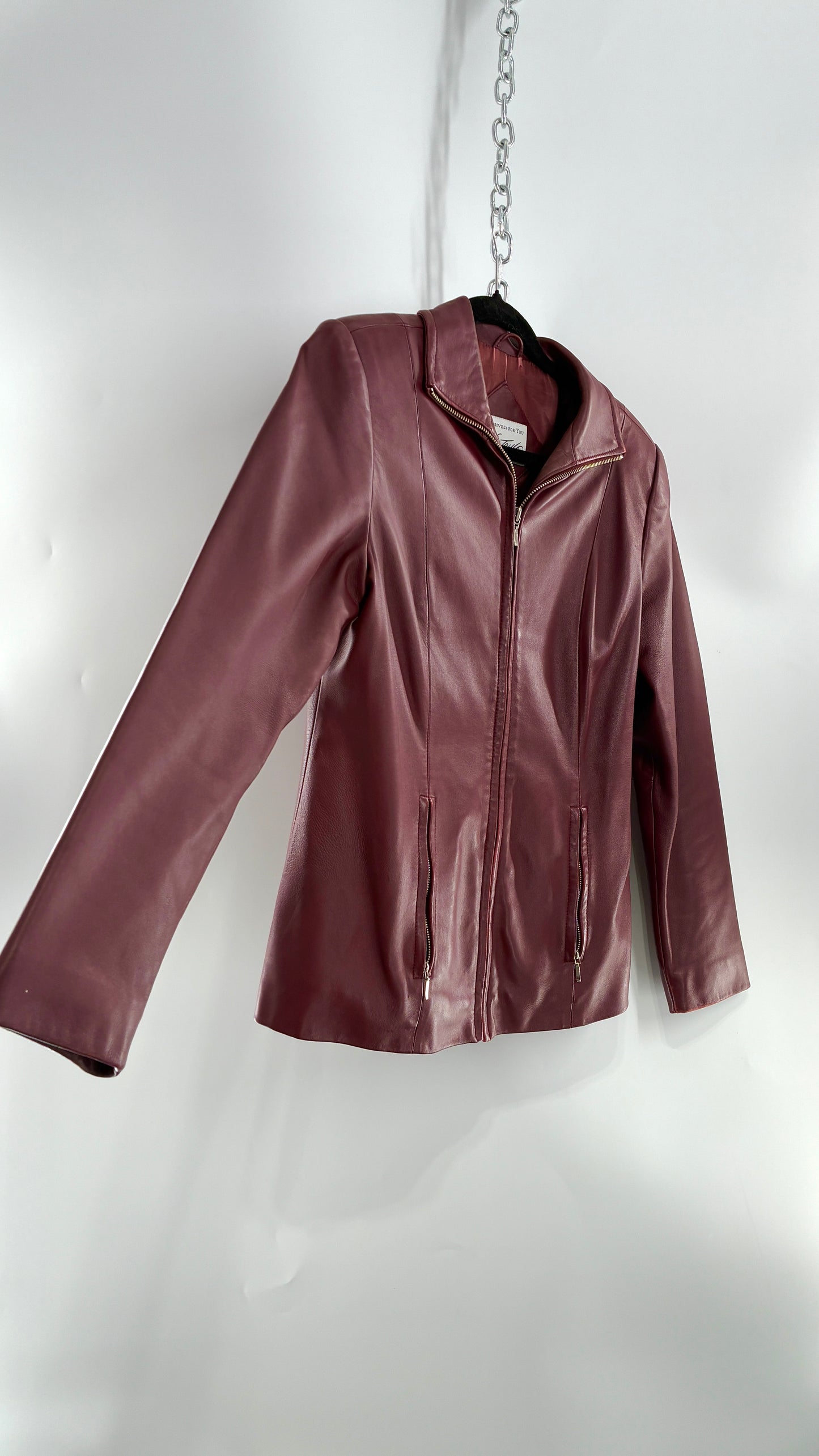 Vintage Lord & Taylor Burgundy Maroon Leather Zip Up Jacket (Small)