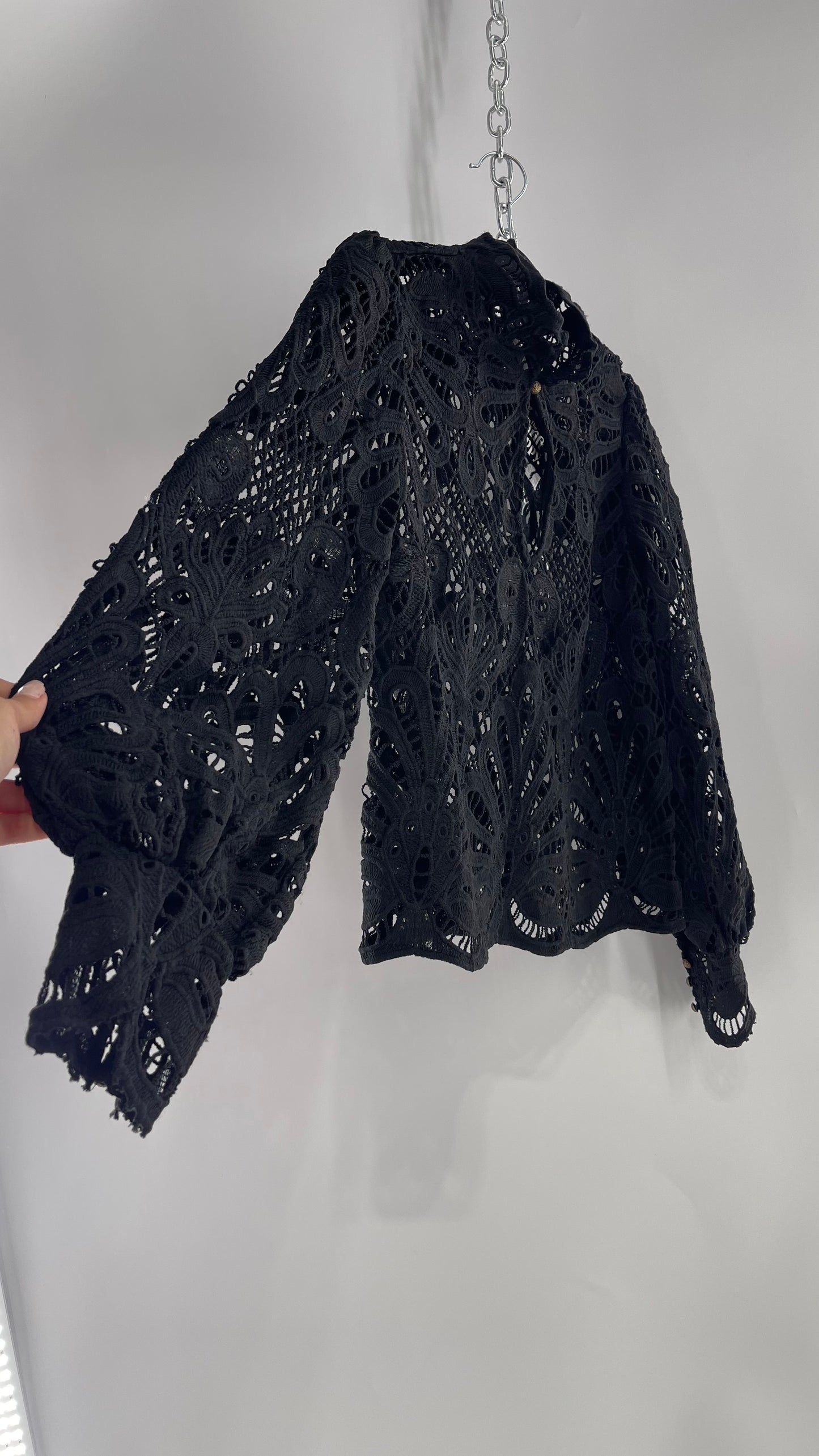 Anthropologie Black Heavy Thick Lace Blouse with Balloon Sleeves (Small)