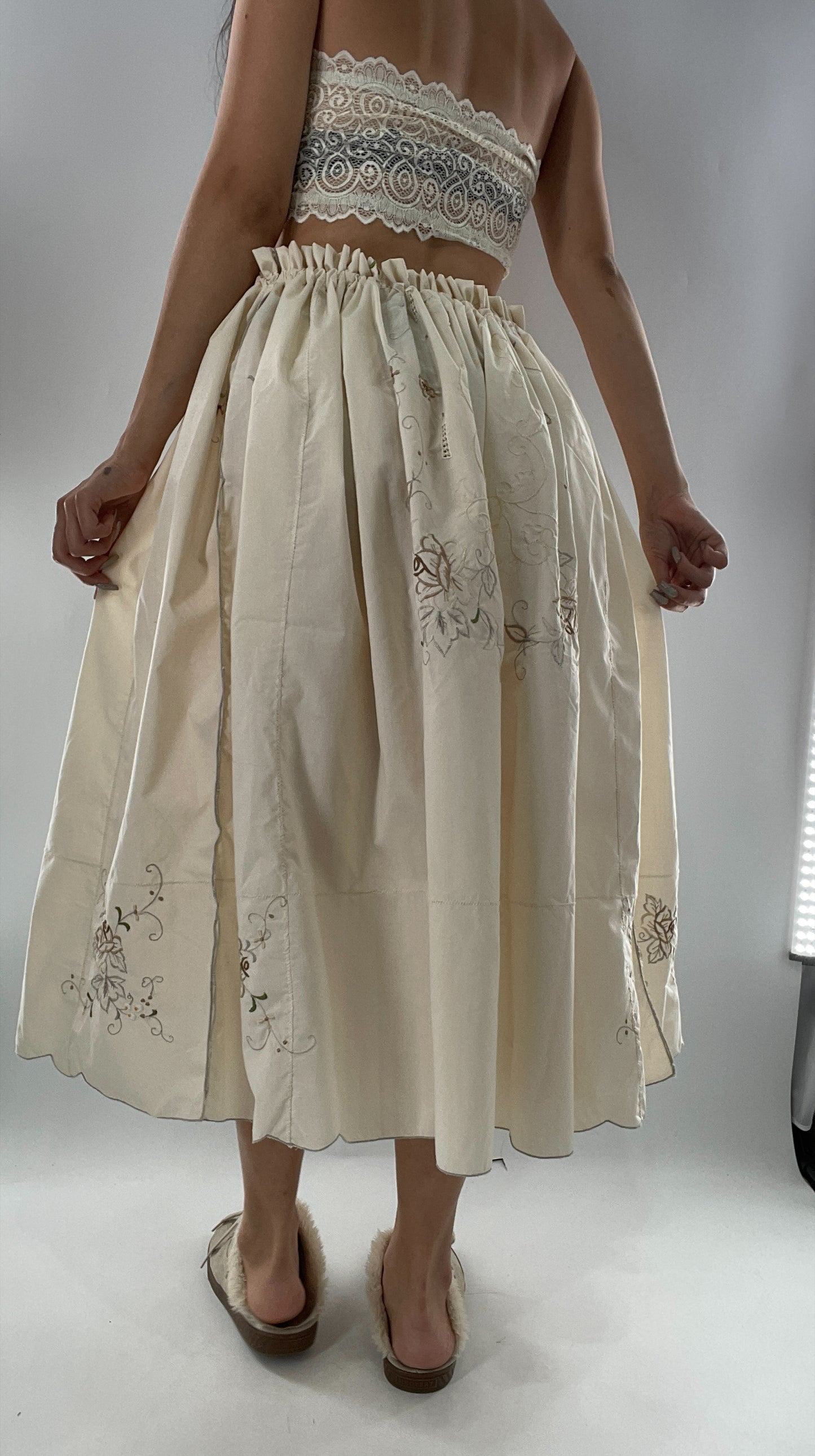 Custom Handmade Vintage Embroidered Off White Soirée Skirt (One Size)