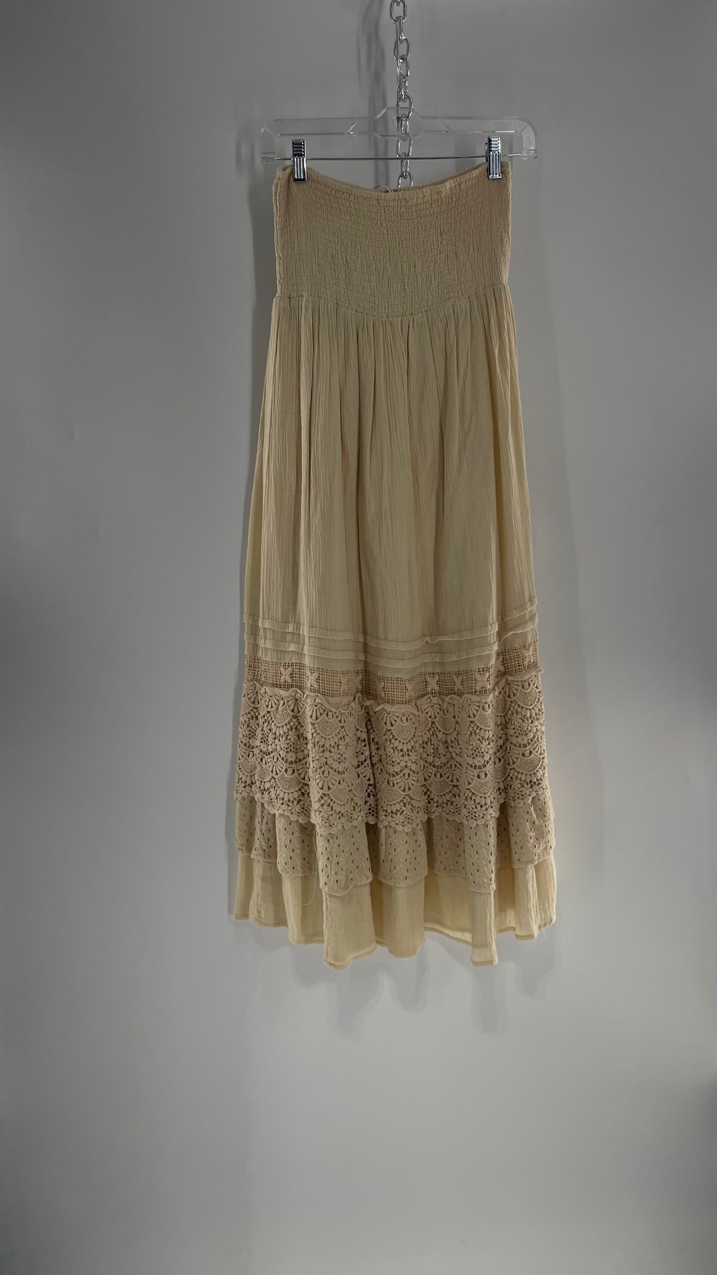 Free People Beige Gauze/Cotton Full Length Skirt Lined with Lace  (XS)