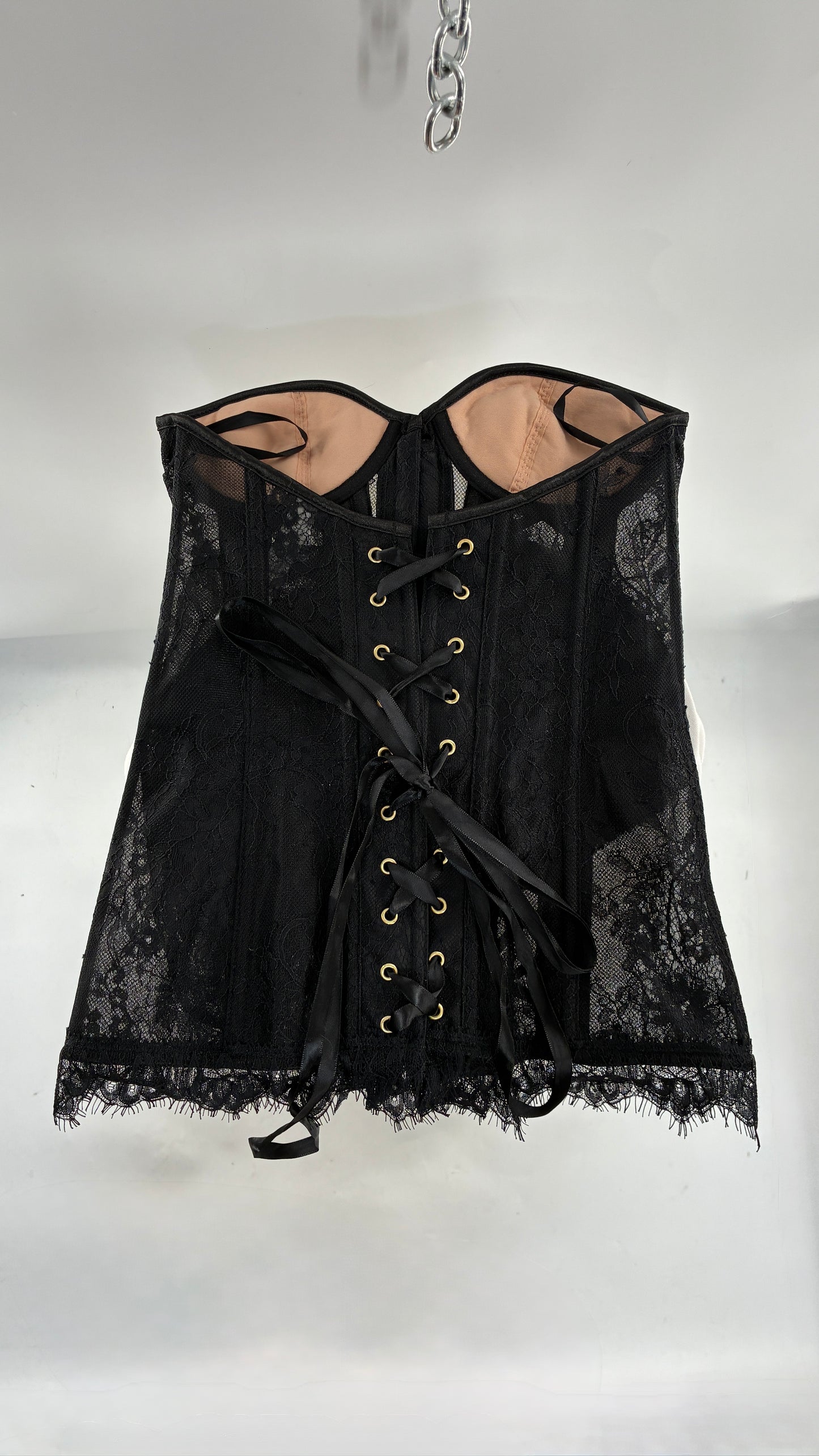 Vintage ADORE ME Lace Up Black Lace Corset with Nude Underlay (Small)