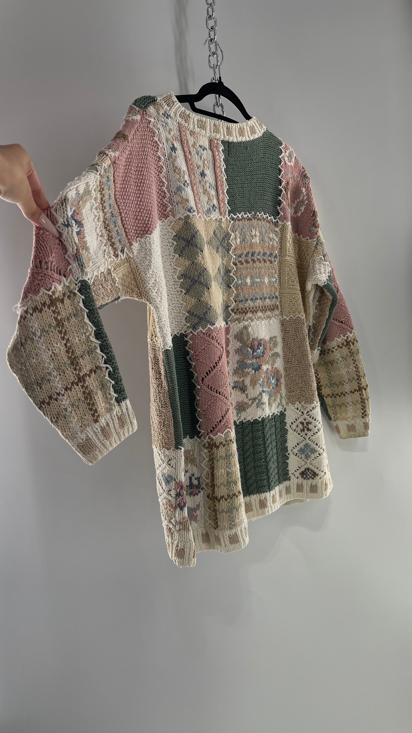 Vintage WEATHERVANE Rare Heavy Hand Knit Patchwork Sweater (Large) (55% Ramie 45% Cotton)