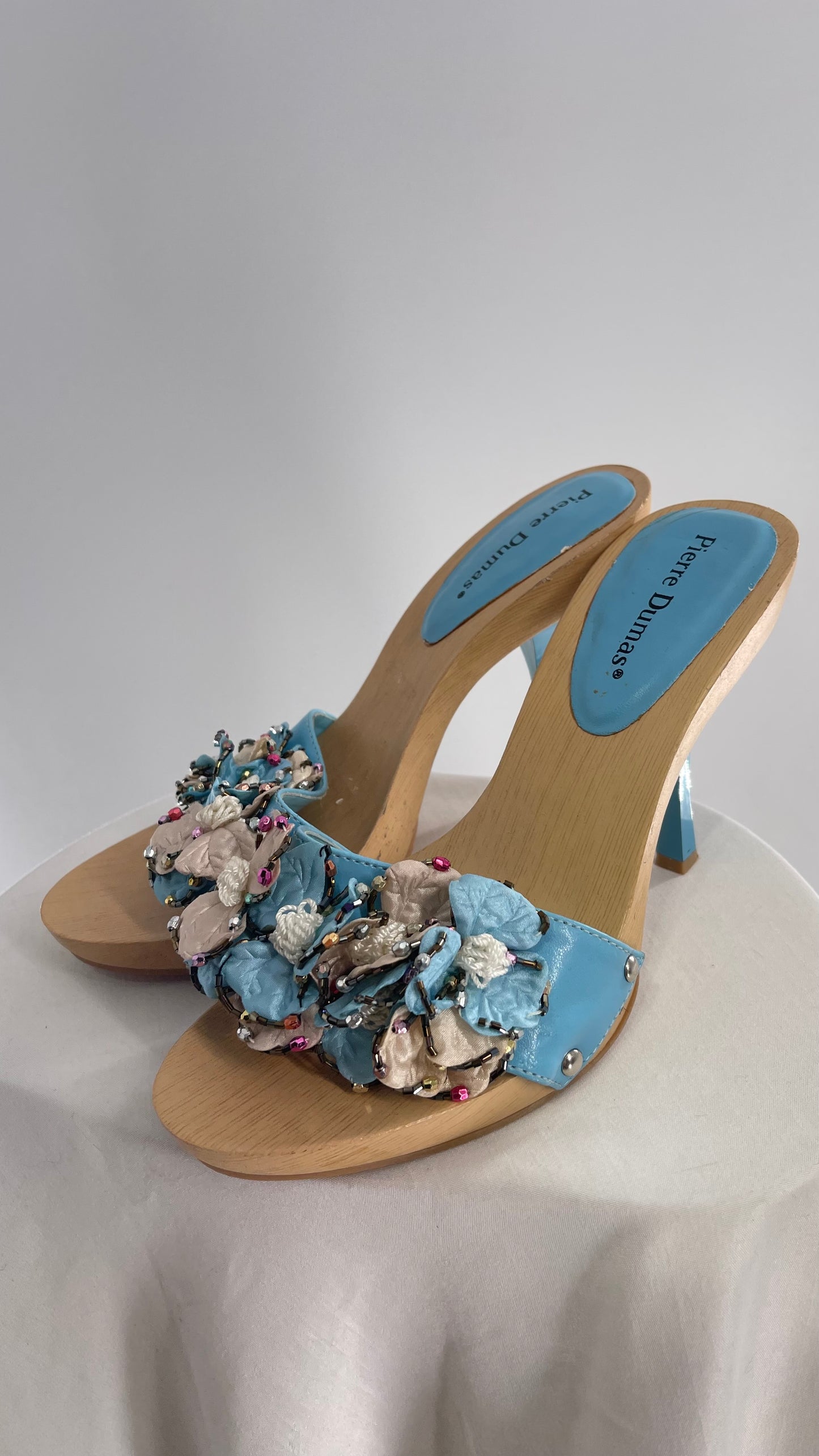 Pierre Dumas Baby Blue Wooden Heel with Beaded Floral Appliqués (9)