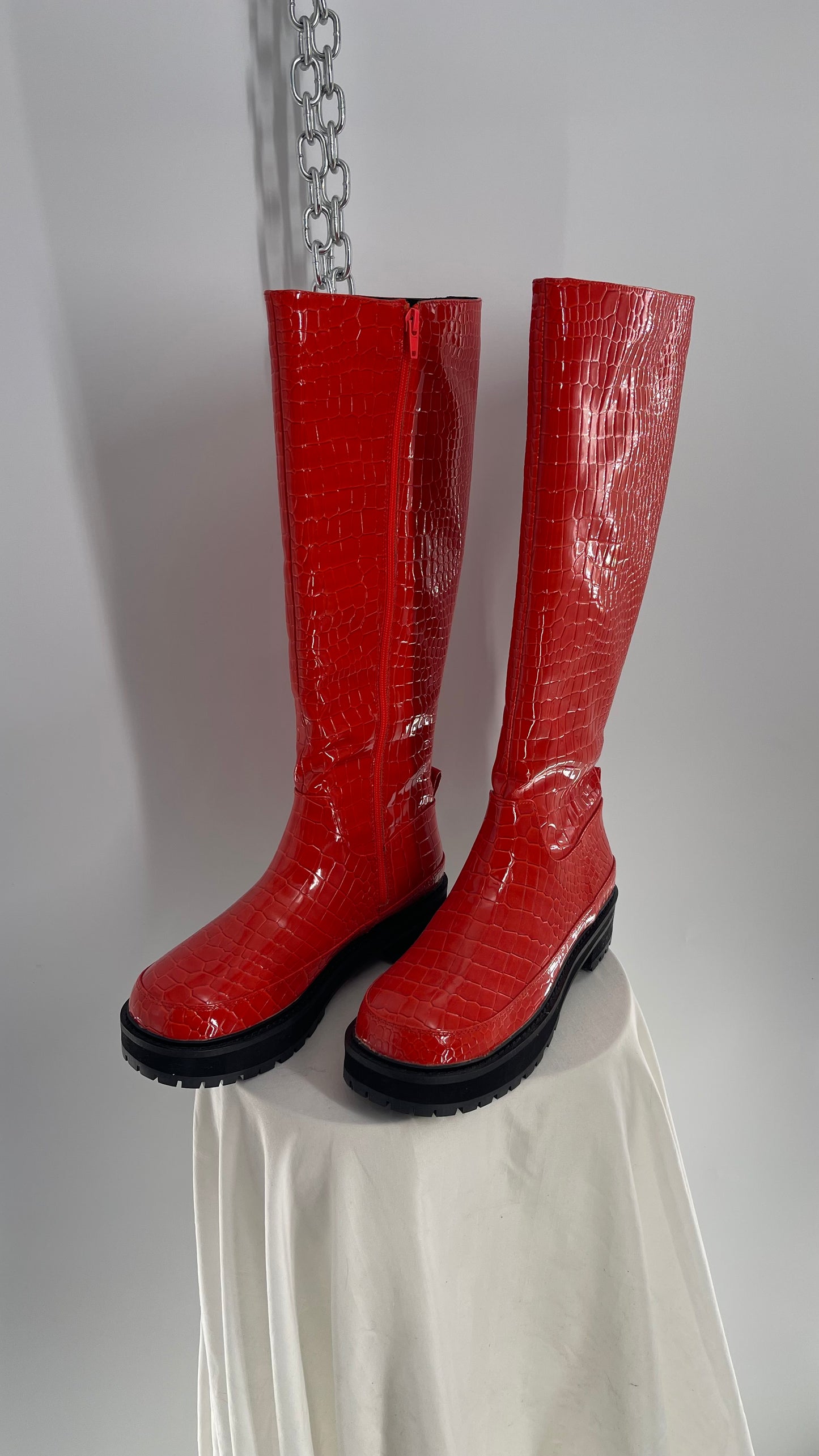 Urban Outfitters Orange Crocodile Embossed Knee High Boots (9)