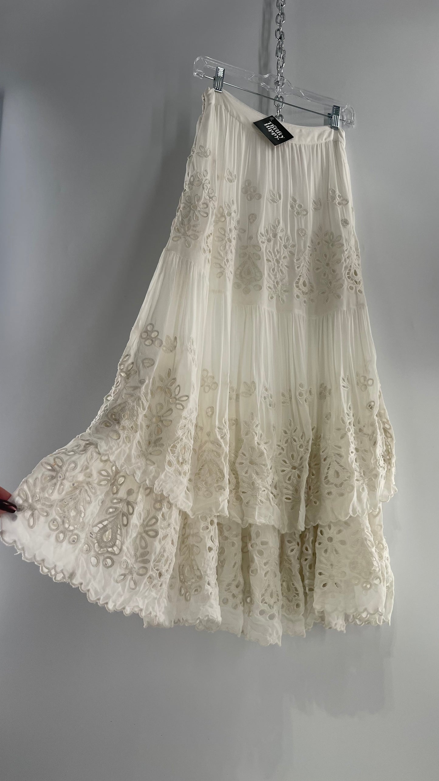 Free People White Embroidered Eyelet/Lace Voluminous Tiered Ruffle Full Length Skirt (4)