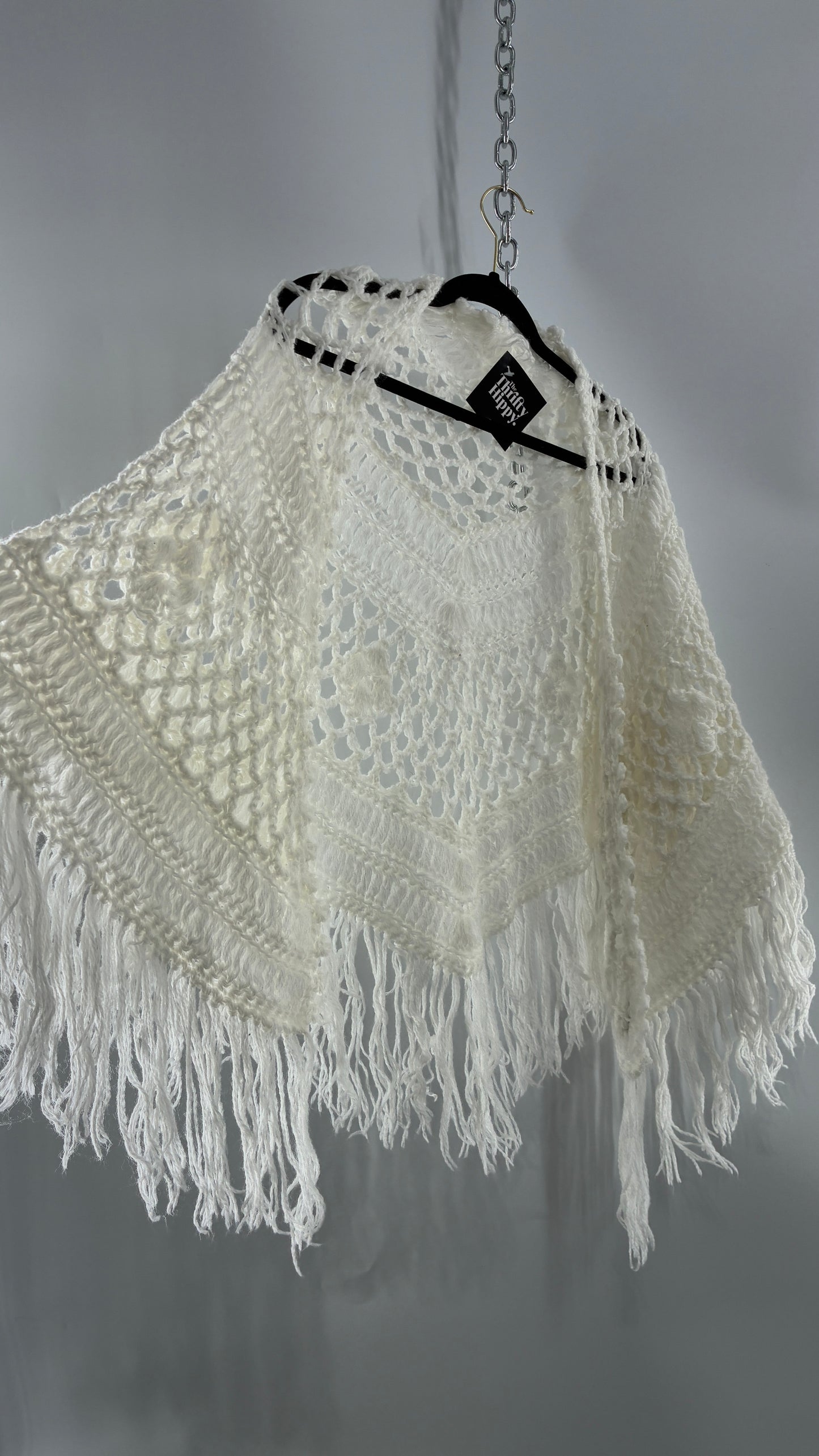 Vintage Off White Hand Knit Scarf Poncho Shawl Cape