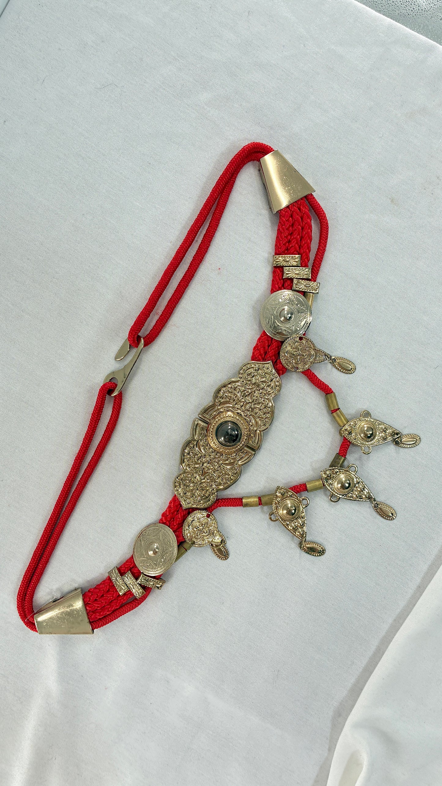 Vintage 1980s Red Rope Belt with Gold Engraved Coins Made in Korea
