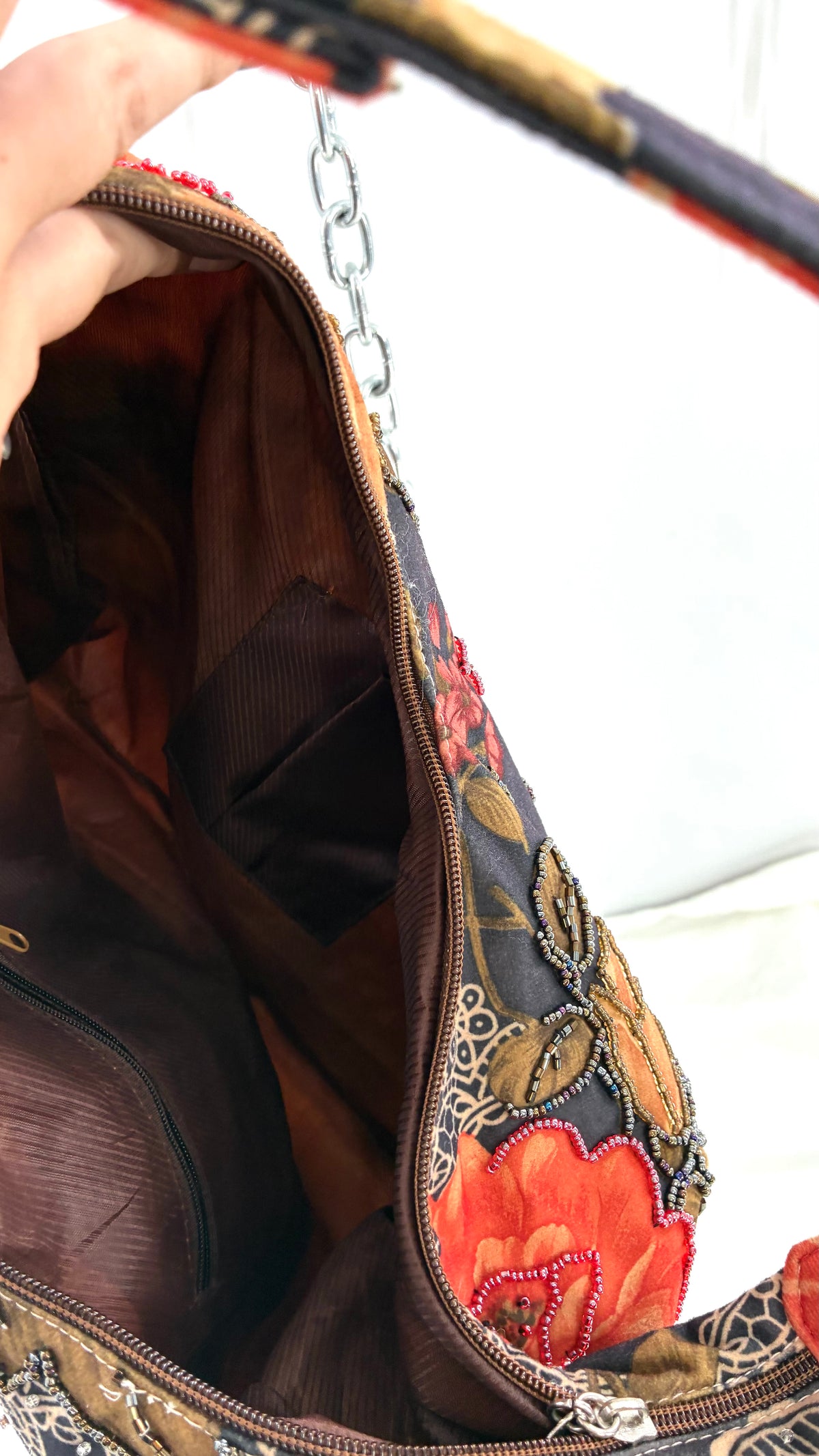 Vintage Brown Floral Paisley Beaded Hobo Shoulder Bag