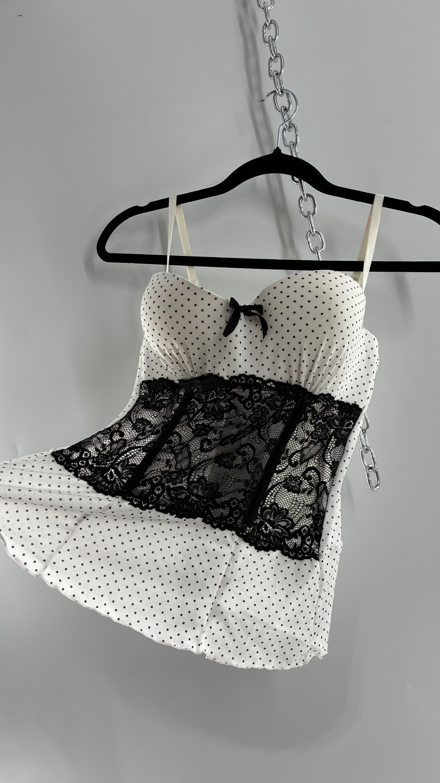 Vintage Black and White Polka Dotted Bustier Babydoll with Lace Bodice Detailing (Medium)