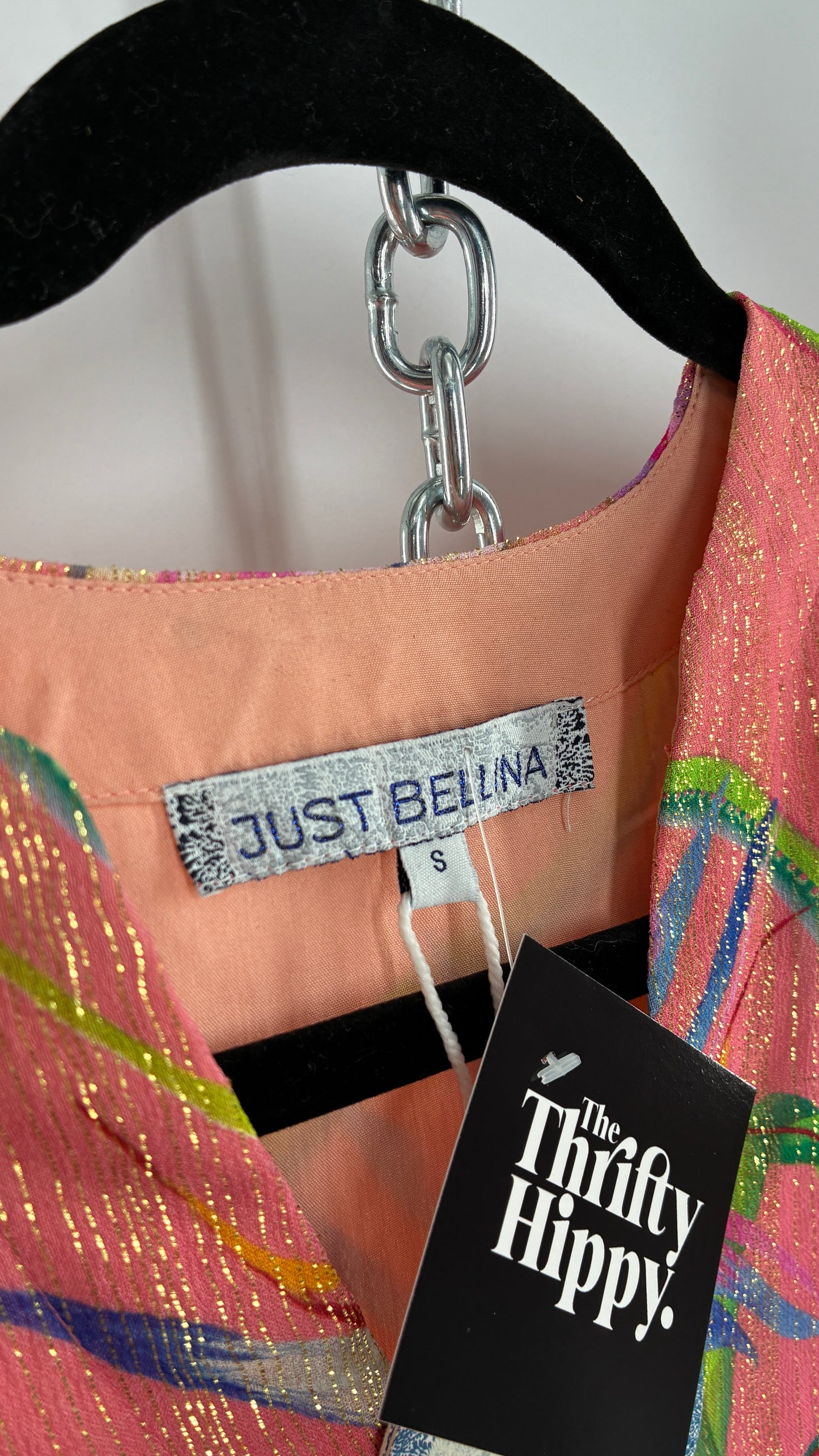 JUST BELLINA Pink Tropical Patterned Puff Sleeve Blouse with Gold Threading and Tags Attached (Small)