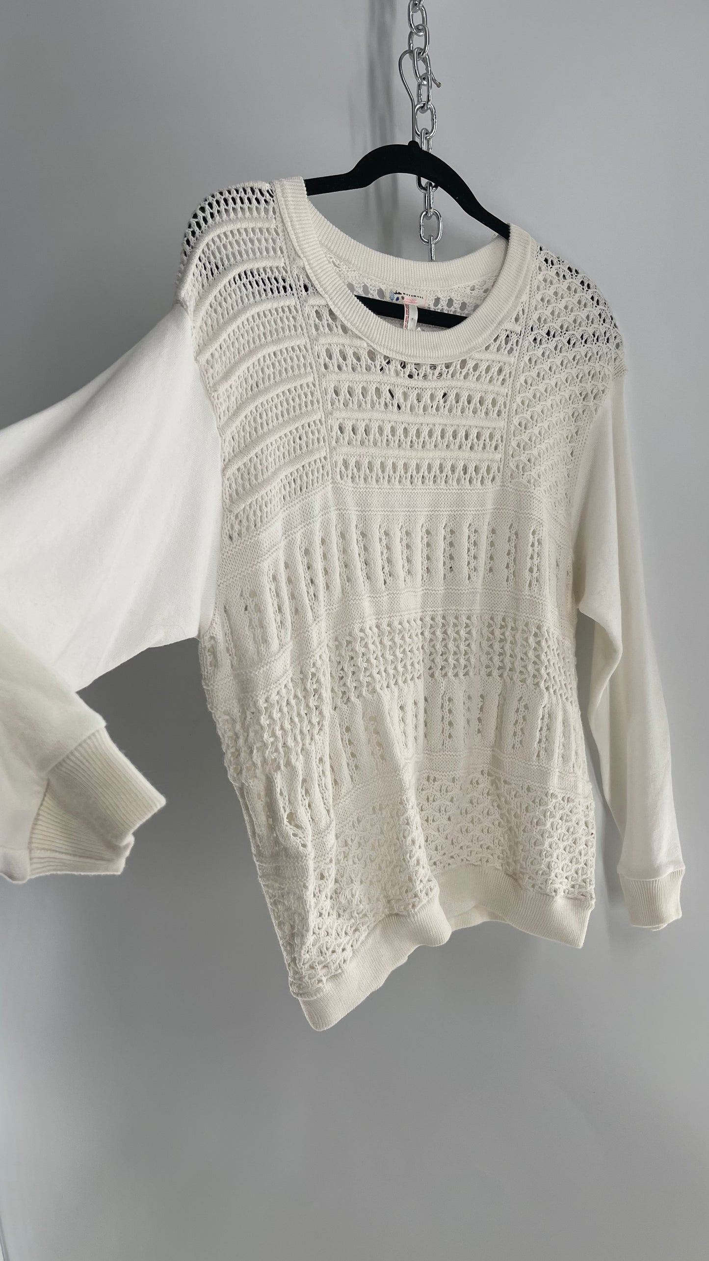 Free People Movement White Sweater with Open Knit Body (Medium)