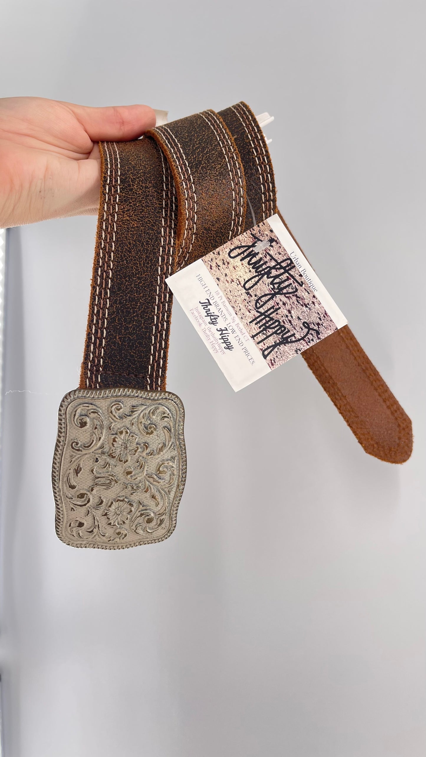 Vintage Belt Shak Brown Leather Belt with Stitching and Embossed Silver Metal Buckle (M)