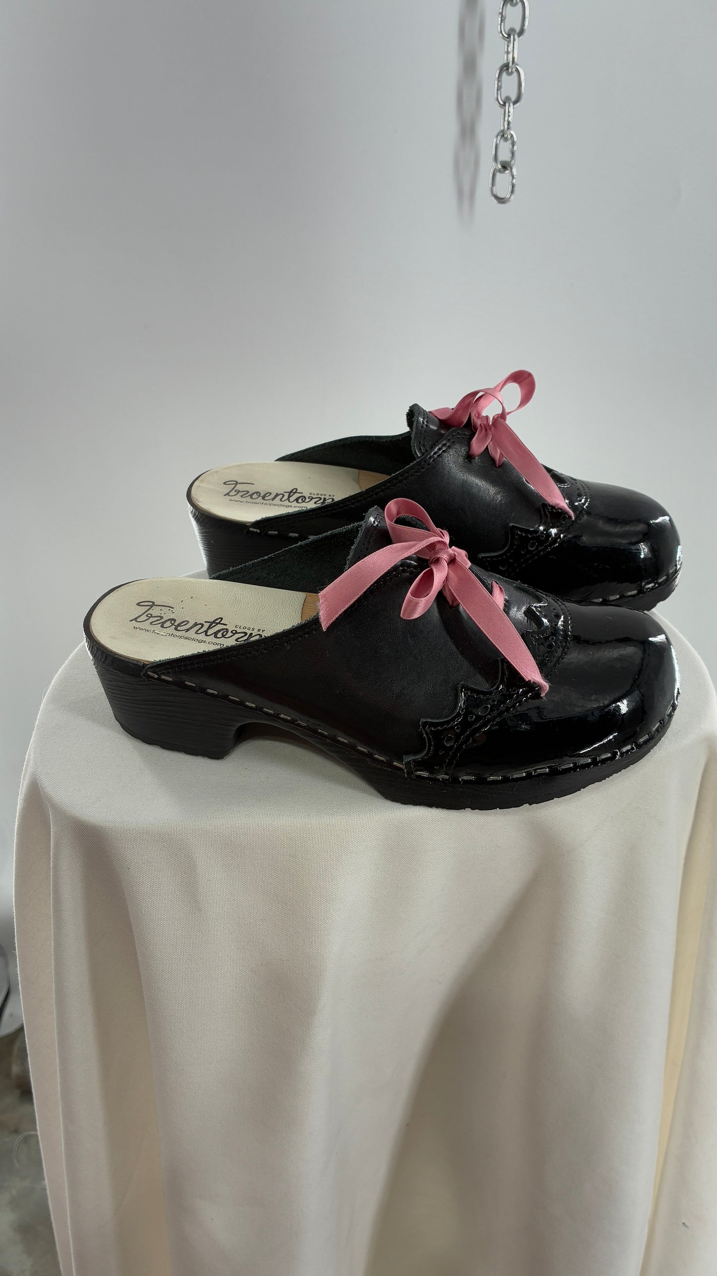 Vintage 1970s TROENTORPS Black Patent Leather Clogs with Ribbon Tie Detail (38)