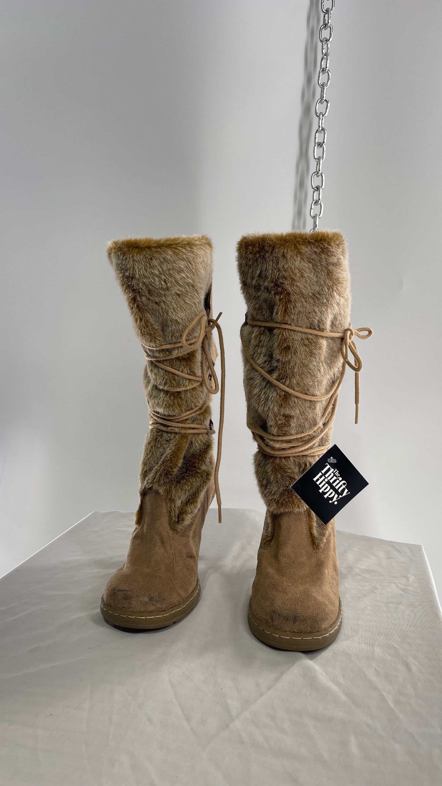 Vintage Round Toe Faux Fur Booties with Tie Up Details (7.5)