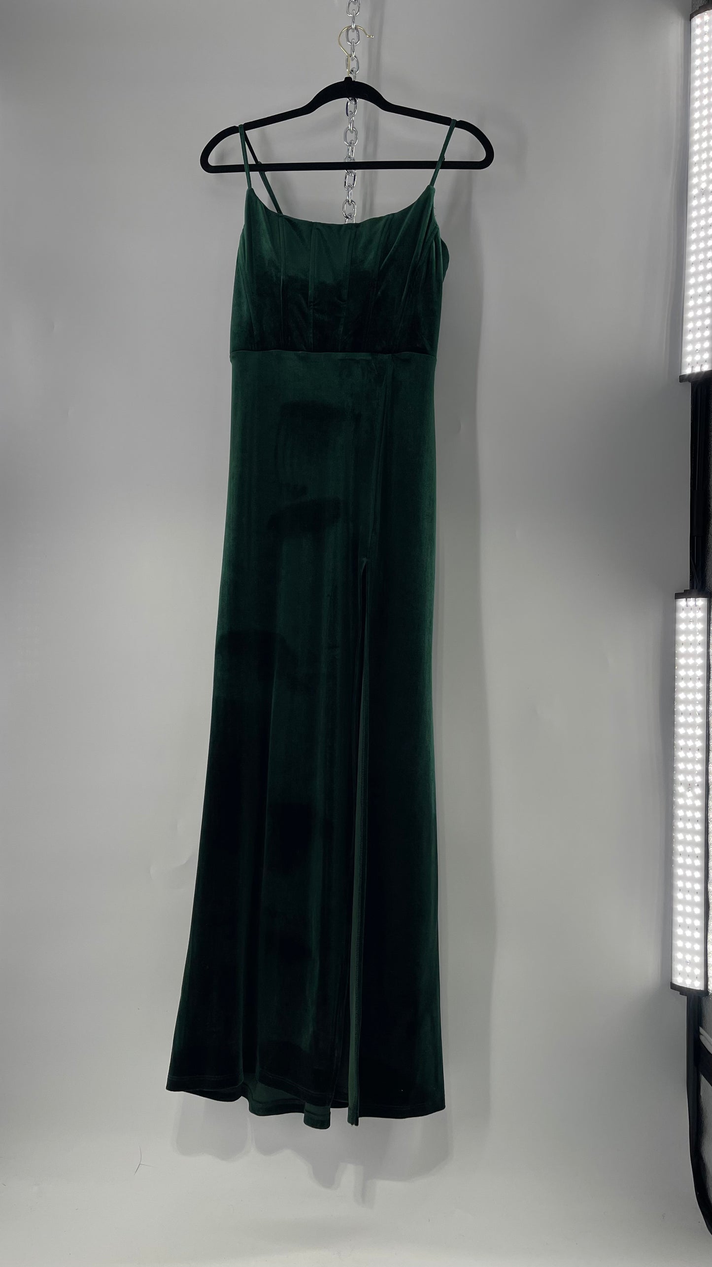 Windsor Forest Green Velvet Maxi Dress with Corseted Bust and Side Slit (11/12)