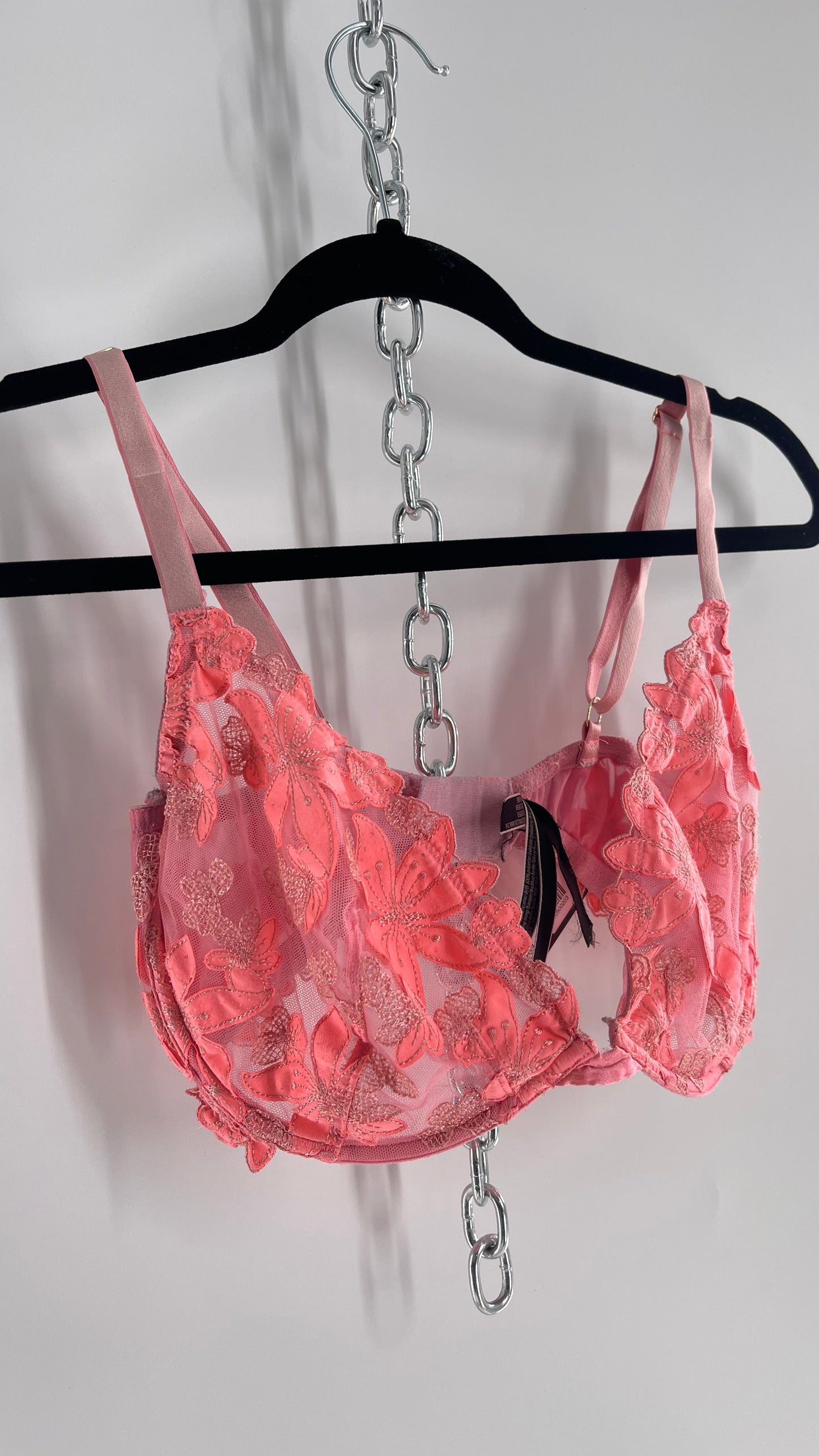 Vintage Victorias Secret Neon Pink Mesh Bra with Floral Appliqués (36DDD)