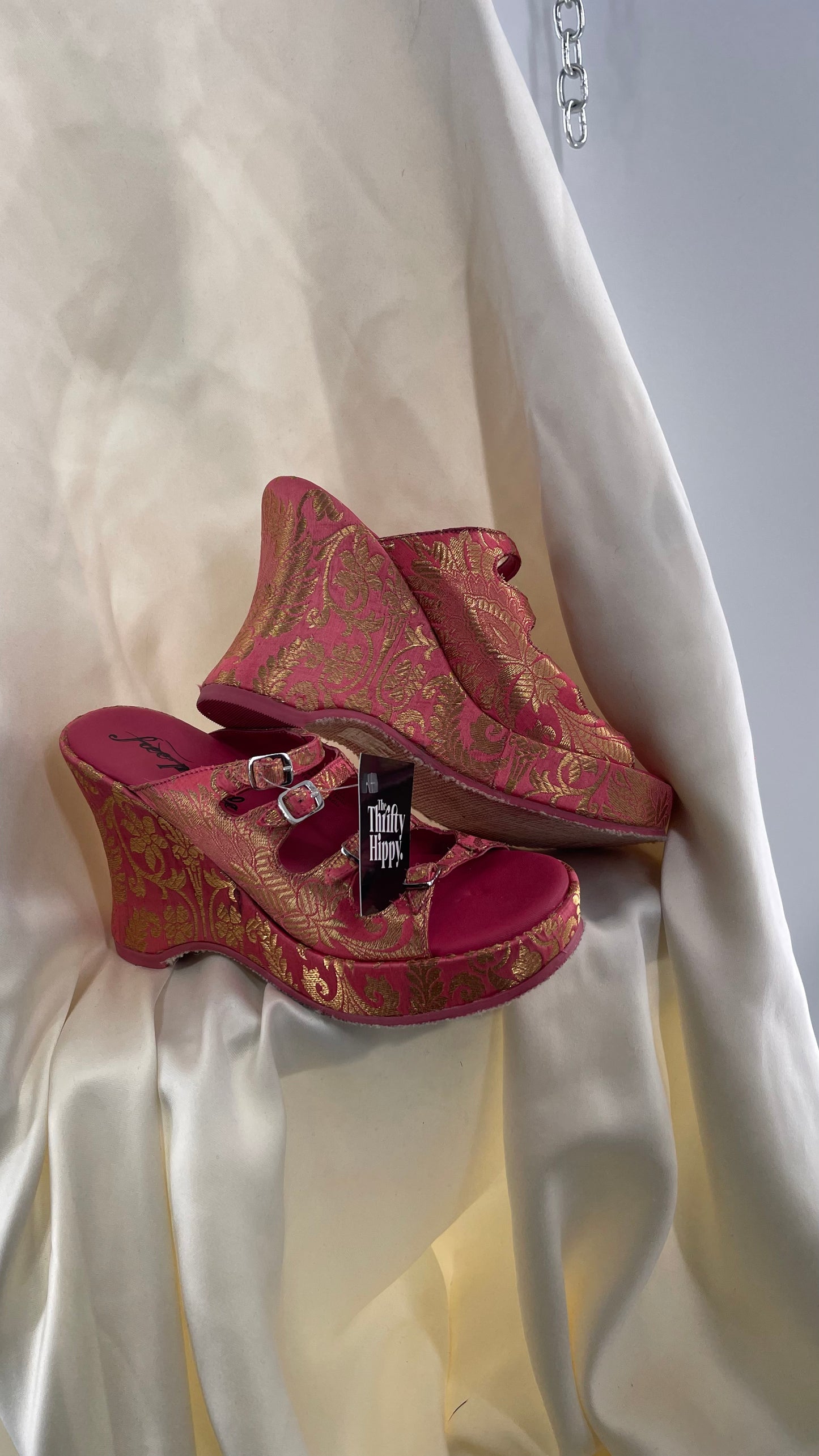 Free People Hot Pink Hoffman Buckle Front Wedge Heels with Satin Gold Paisley/Brocade Pattern (37)