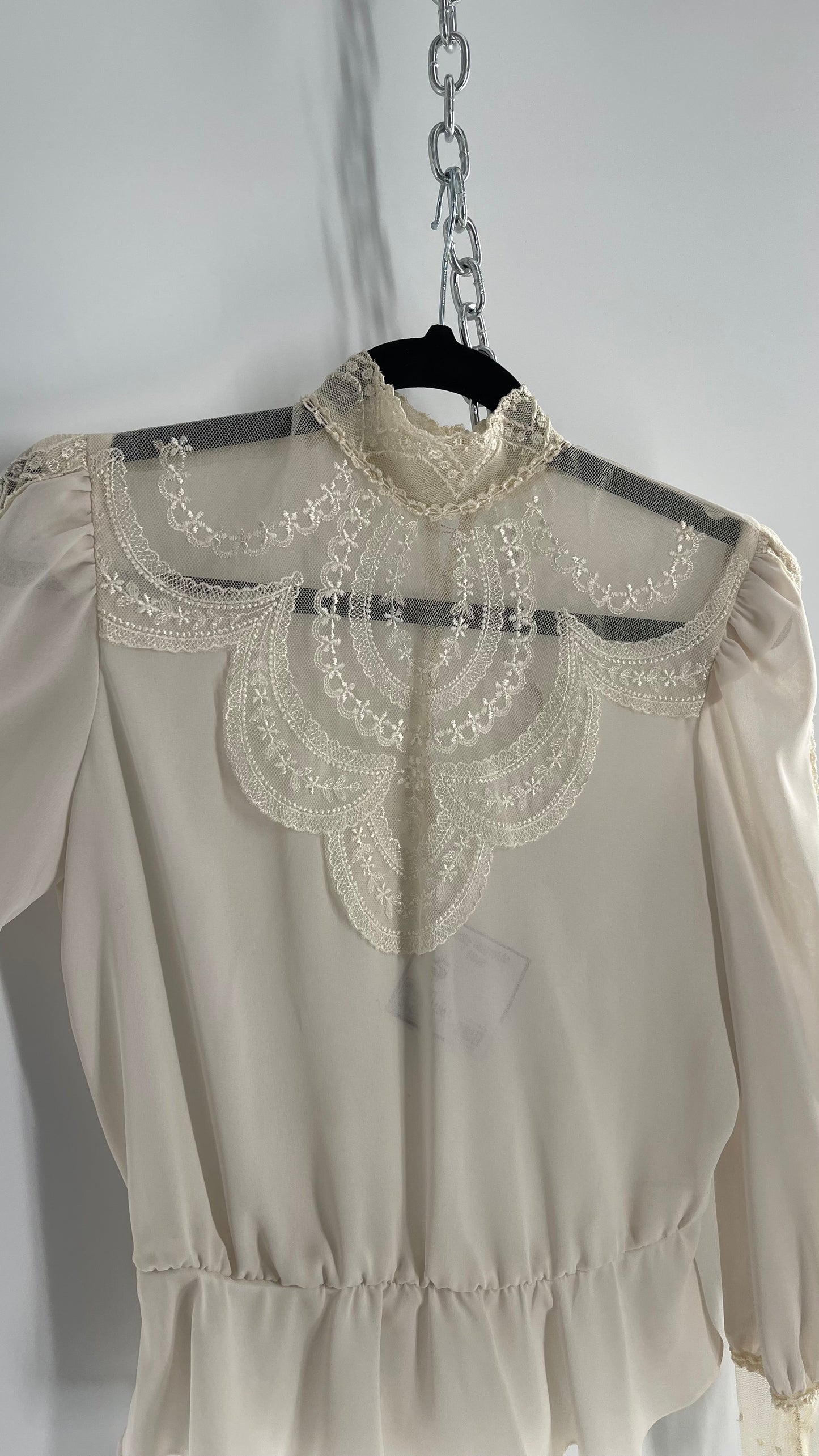 Vintage 1950s Victorian Handmade Blouse with Lace Bust and Cuffs, Buttoned Back Detail and Peplum Hem (M)