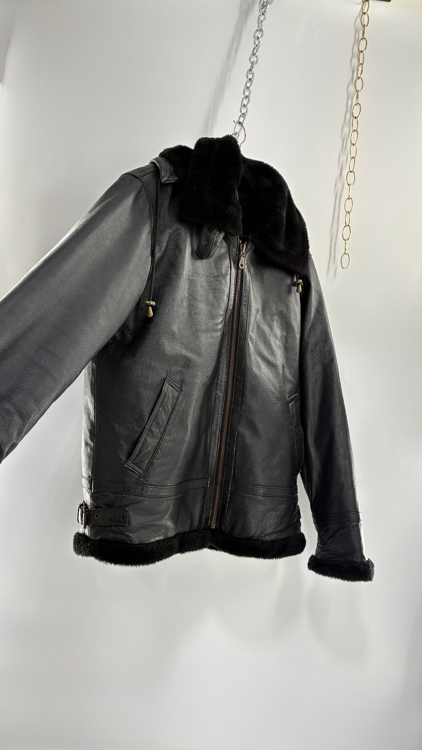Vintage TANNERS AVENUE Black Genuine Leather Jacket with High Neck and Hood (Medium)