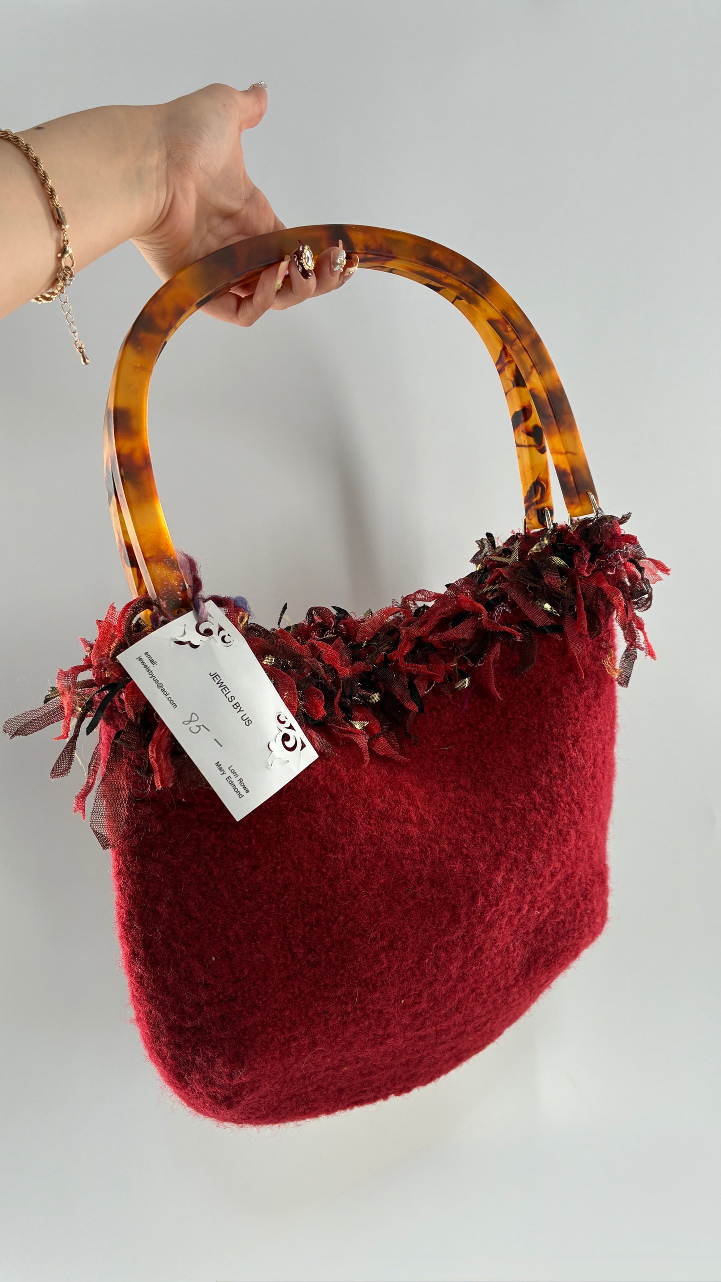 Vintage Handmade Handwoven Red Bag with Tags, Fringe Detailing and Tortoise Shell Handle
