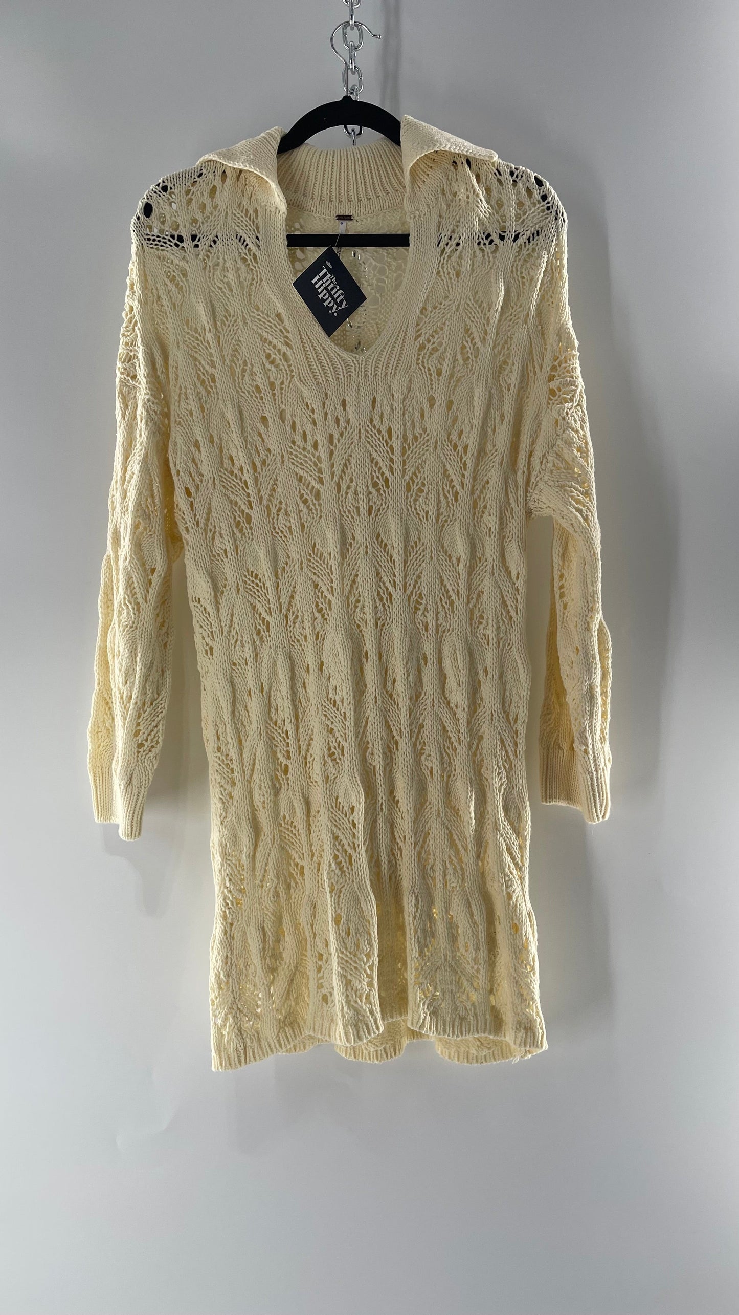 Free People Baby Yellow Comfy n Cozy Open Stitch Knit Sweater Dress (S)