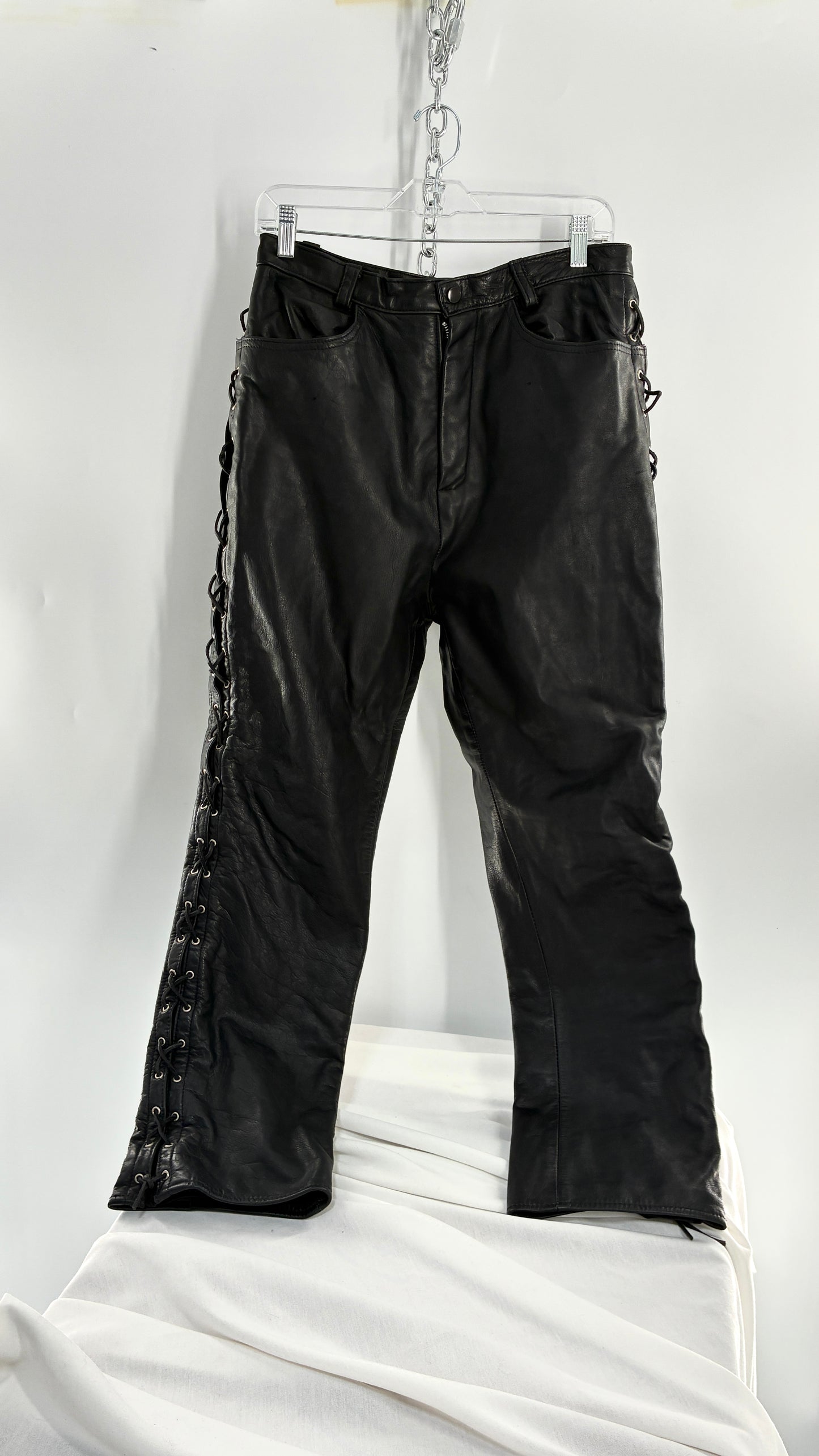 Vintage Thick Ultra Soft Black Leather Pants with Tie Up Sides (Medium)