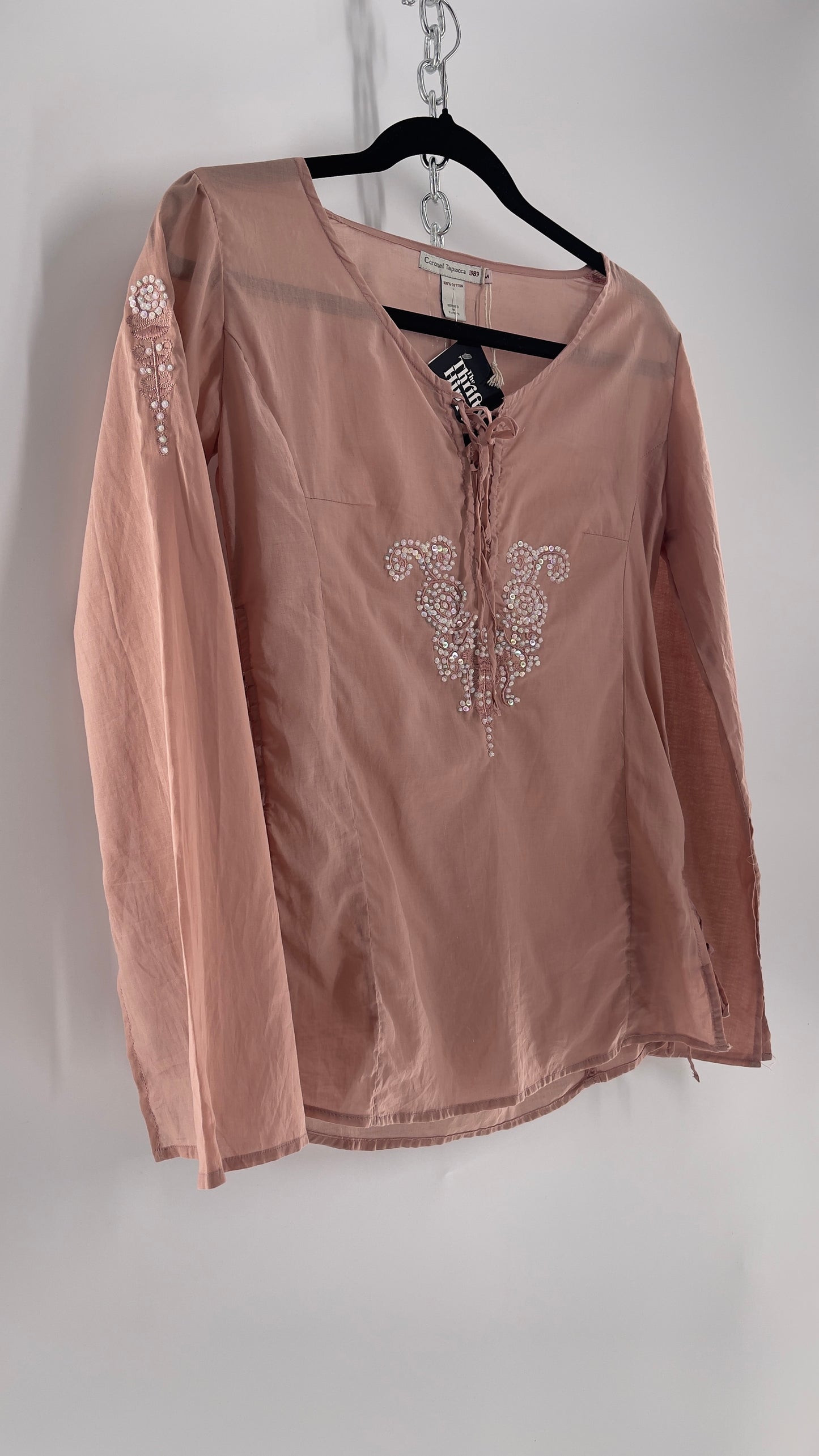 Vintage Coronel Tapioca Dusty Pink Tunic with Beaded Designs and Lace Up Sides (Medium)