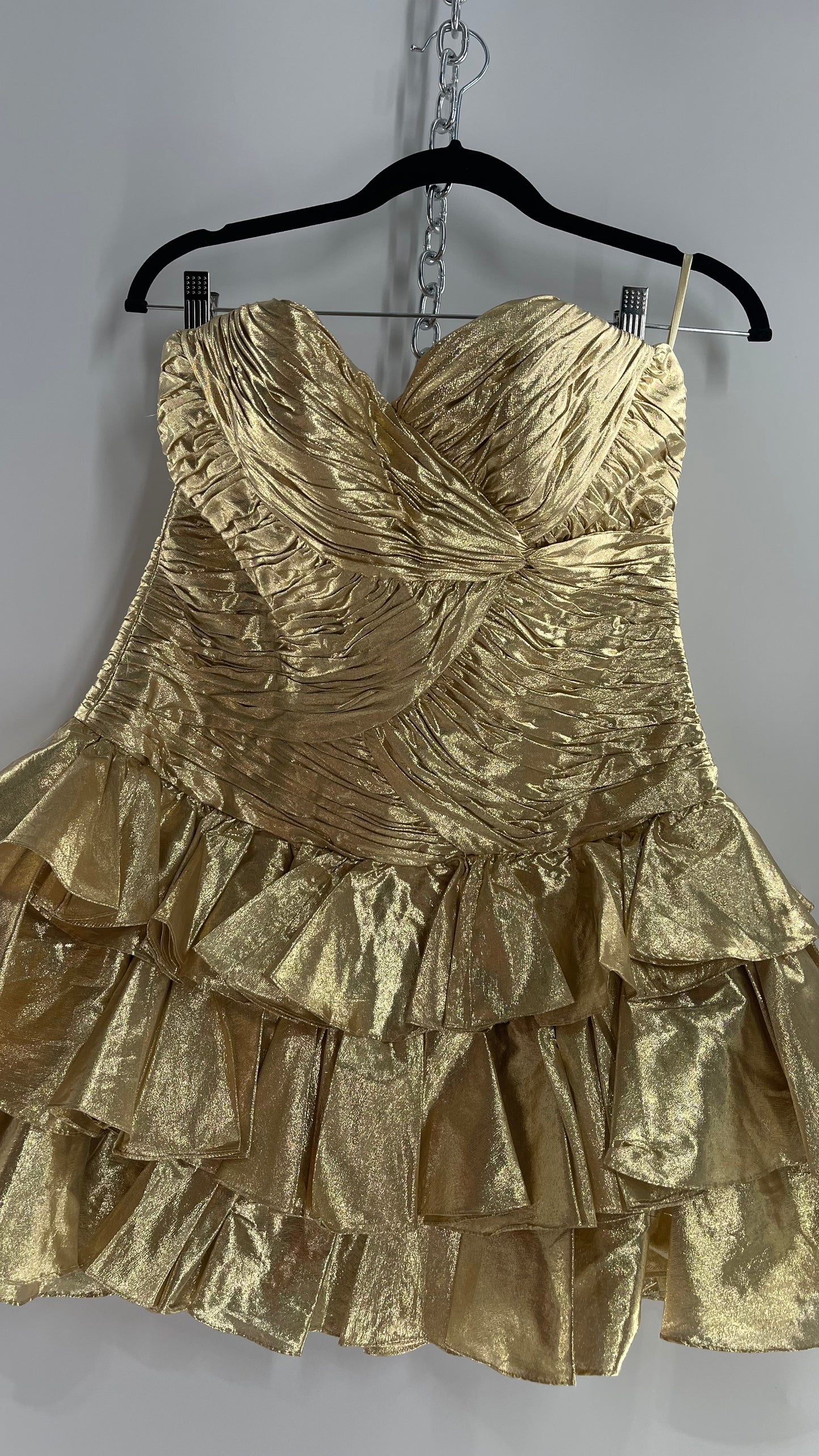 Vintage RARE Jovani Gold Ruffle Hem Ruched Bodice Mini Dress with Built In Cups (12)