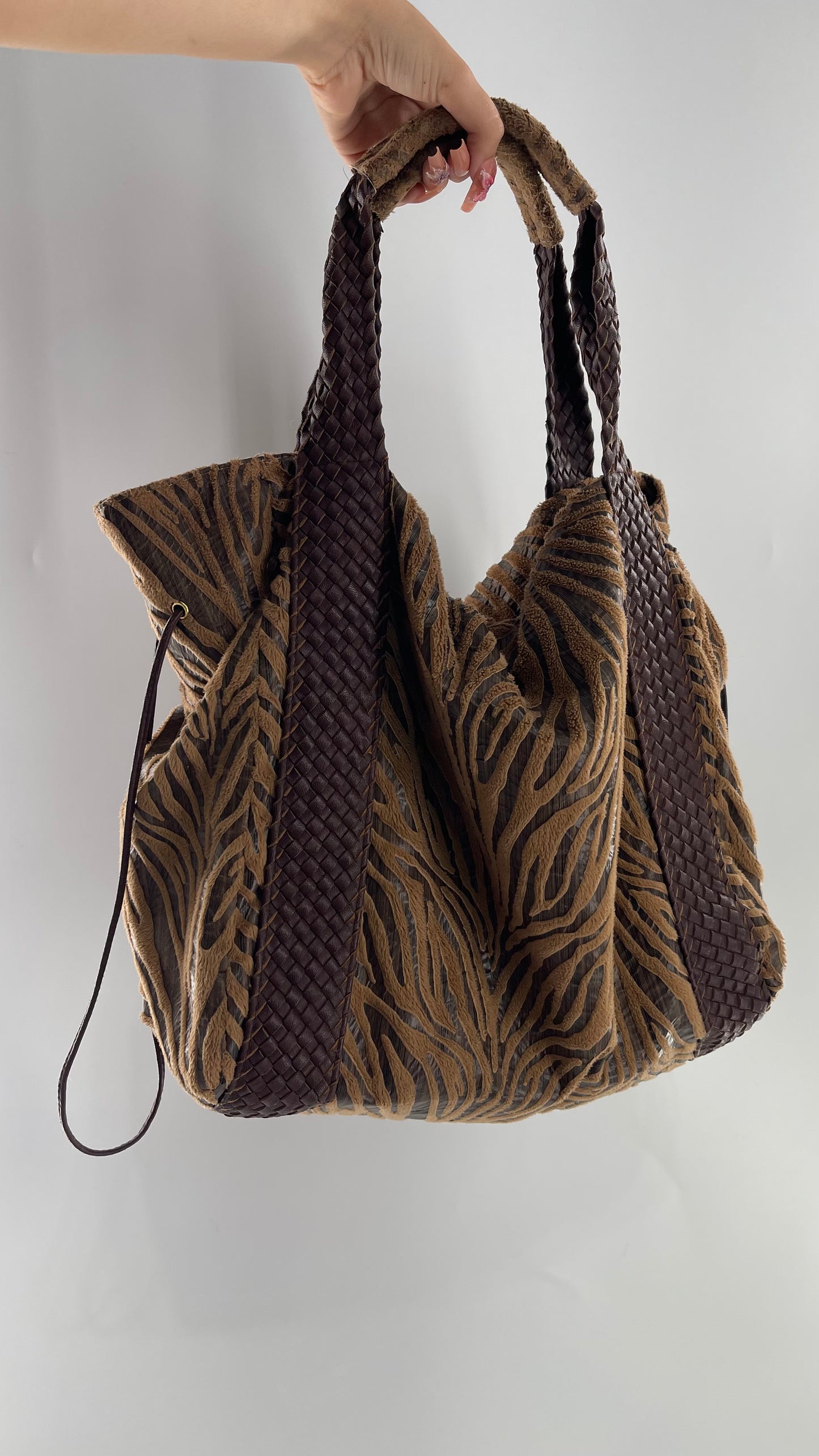 VINTAGE BRACIANO Zebra Textured Slouchy Bag with Braided Leather Straps