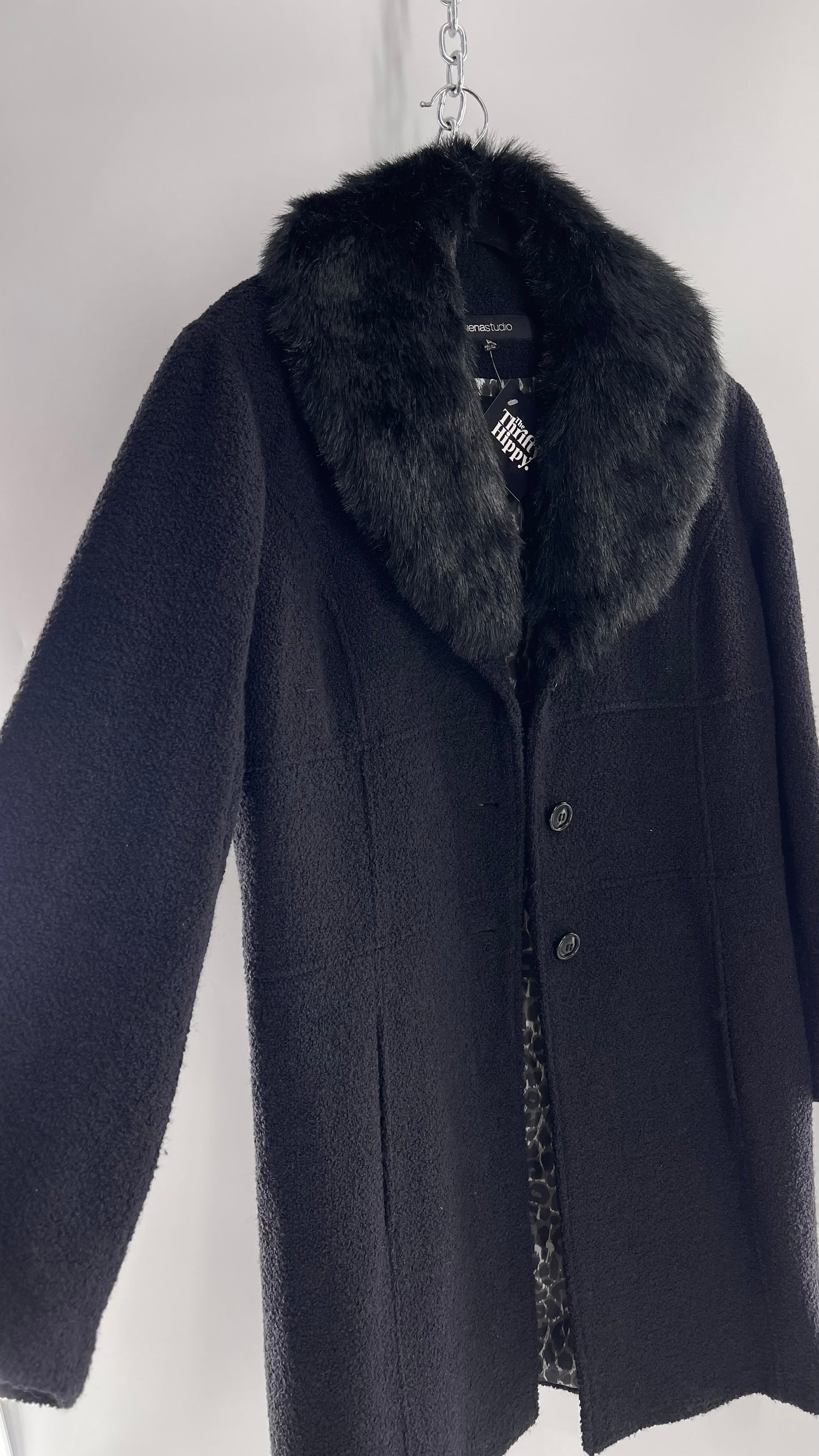 Vintage Sienna Studio Black Bouclé Coat with Faux Fur Detachable Collar and Leopard Lining (Large)