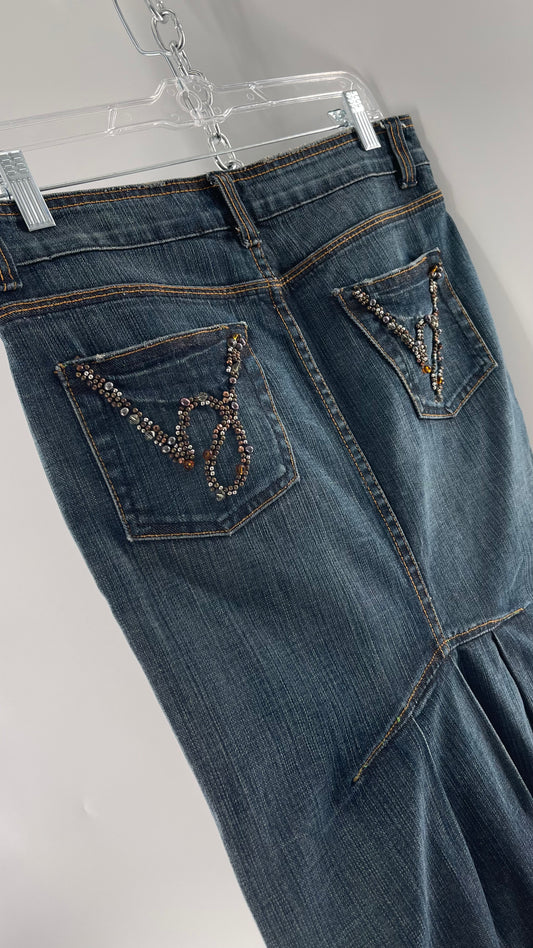 Vintage Stonewash Bebe Denim Long Skirt with Raw Edge Hem and Beaded Back Pocket Detail (27)