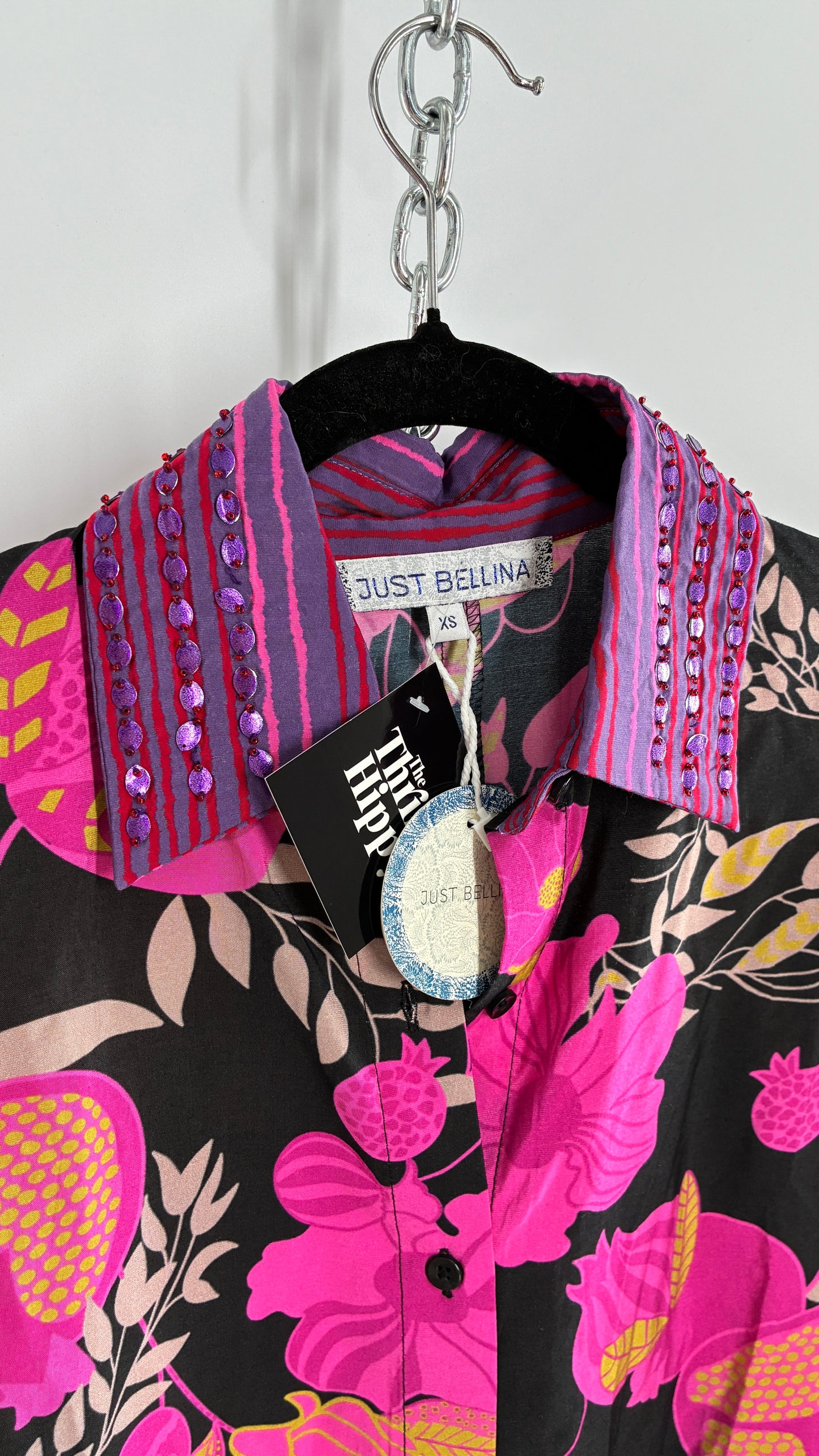 JUST BELLINA Black Oversized Blouse with Exaggerated Sleeves, Embroidered Collar and Tags Attached (XS)