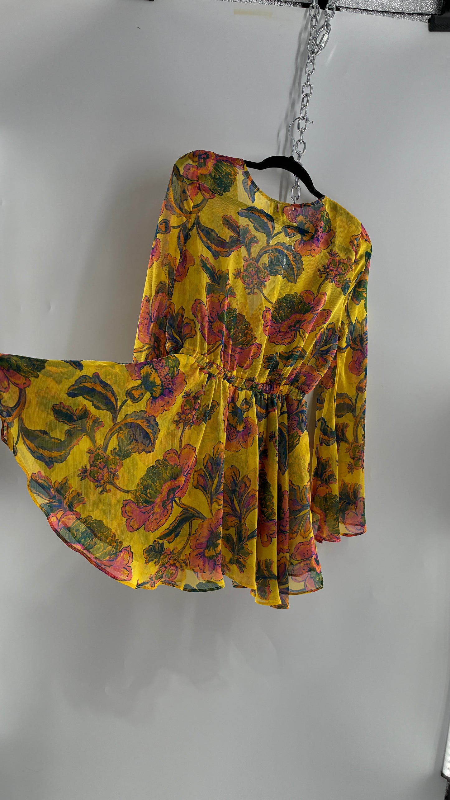MISA Los Angeles KAIA Yellow Floral Bell Sleeve Long Sleeve Top/Micro Mini Dress with Tags (Small)