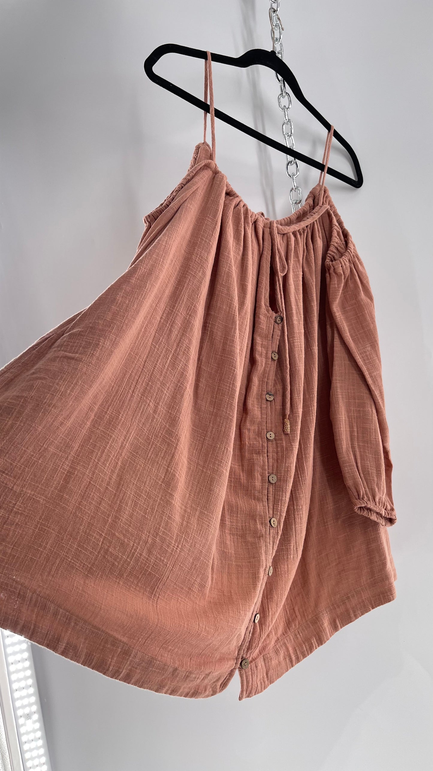 Free People Cotton Blush Pink Button Front Cold Shoulder Dress (Medium)