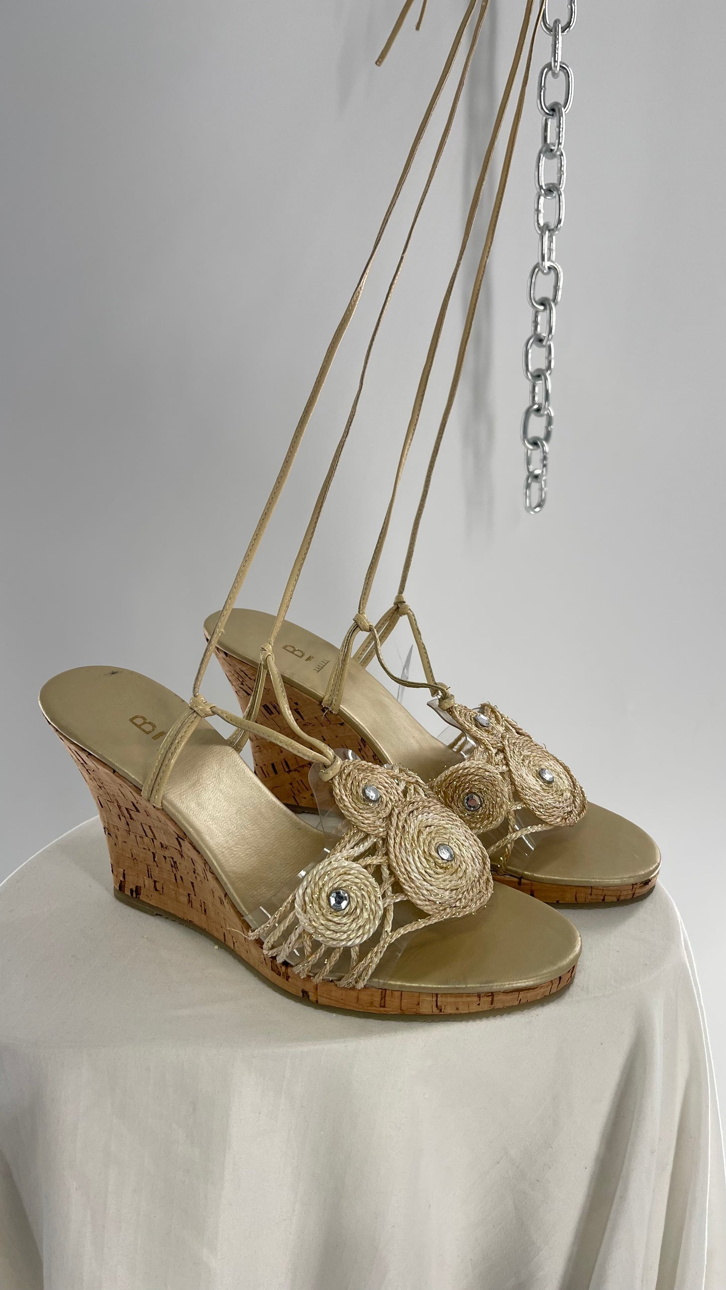 Vintage Bakers Cork Wedge Strappy Neutral Bedazzled Heel (8)