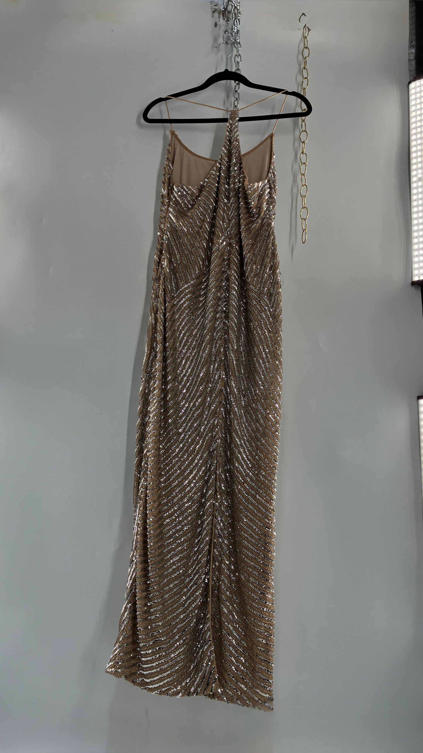 MESHKI Tierra Nude Full Length Dress with Silver Sequins with Tags Attached (XXXL)