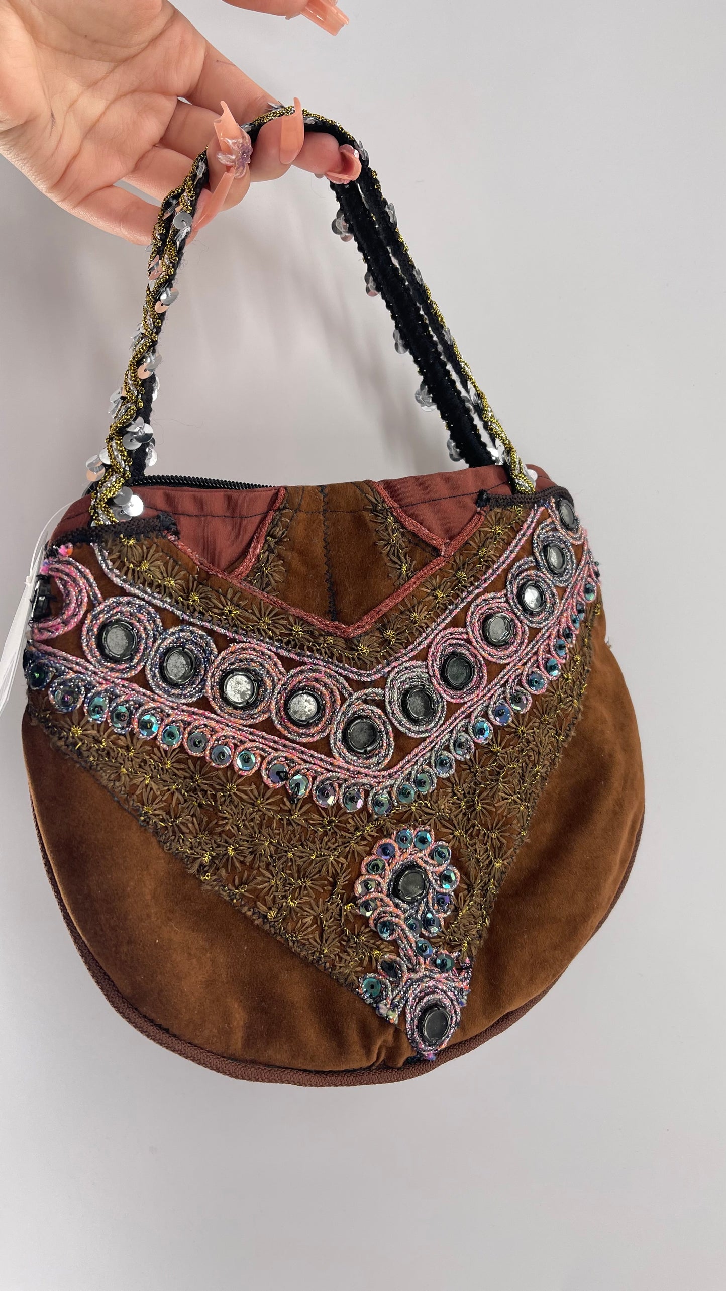 Vintage Brown Velvet Mini Bag with Embroidery, Mirrors and Appliqués